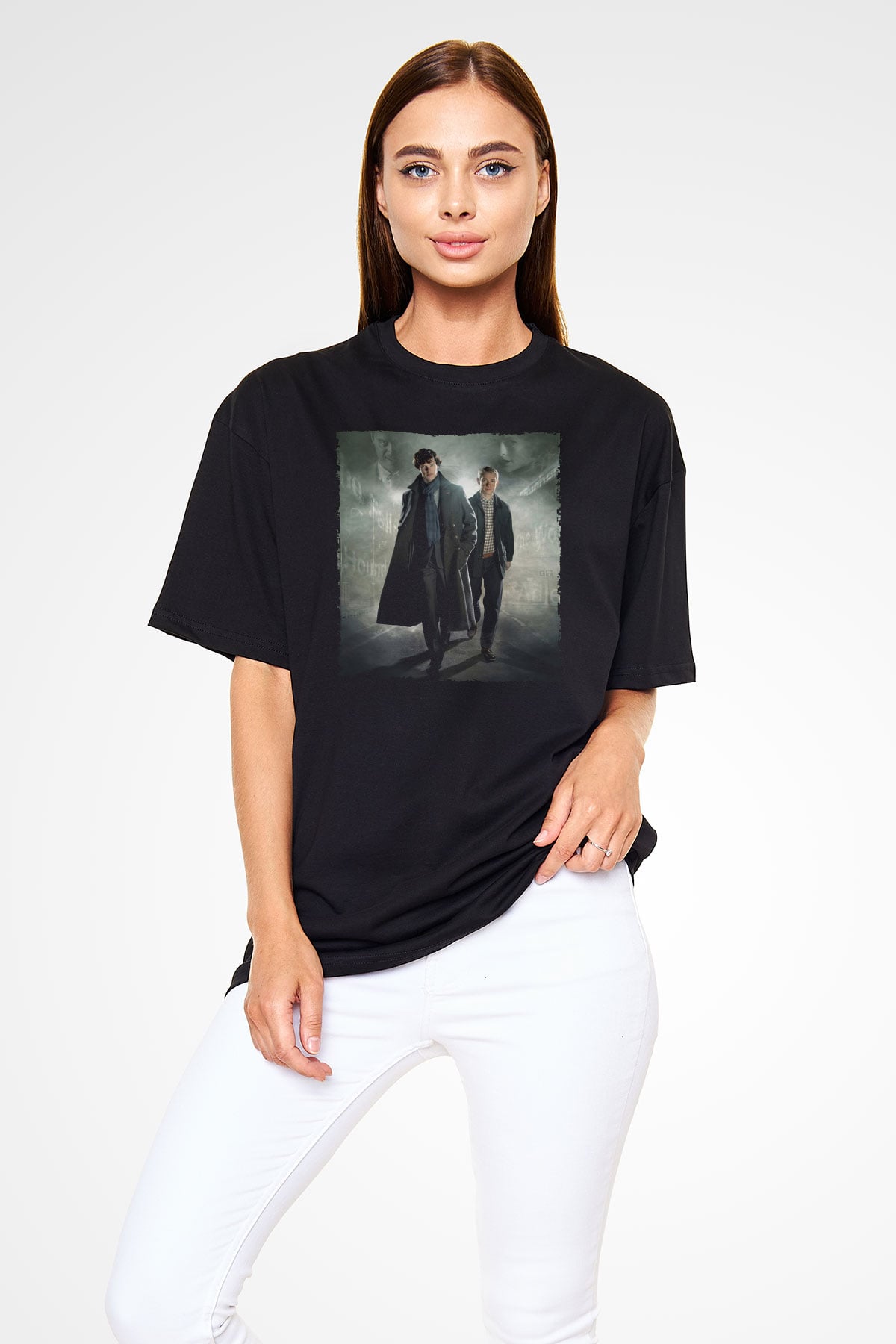 Unisex Sherlock Holmes Baskılı Siyah Oversize Tişört