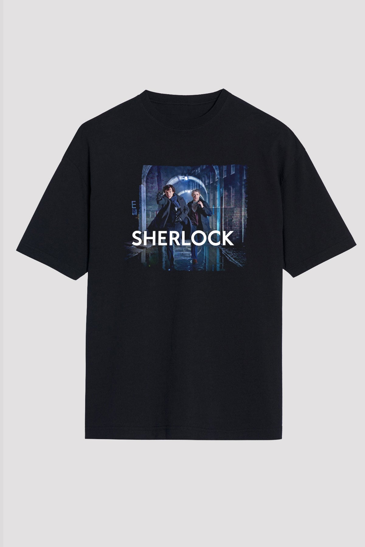 Unisex Sherlock Holmes Baskılı Siyah Oversize T-shirt