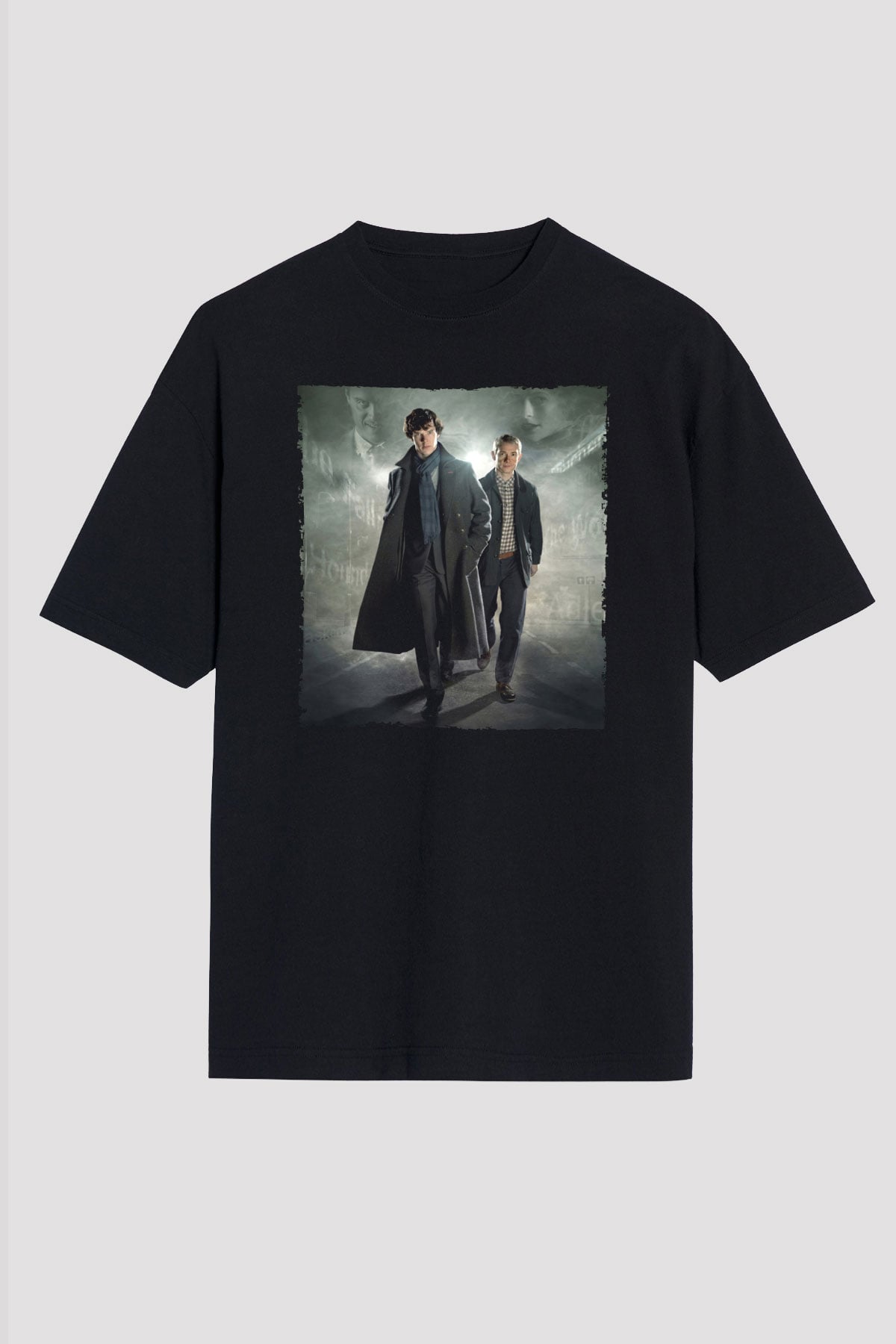 Unisex Sherlock Holmes Baskılı Siyah Oversize Tişört