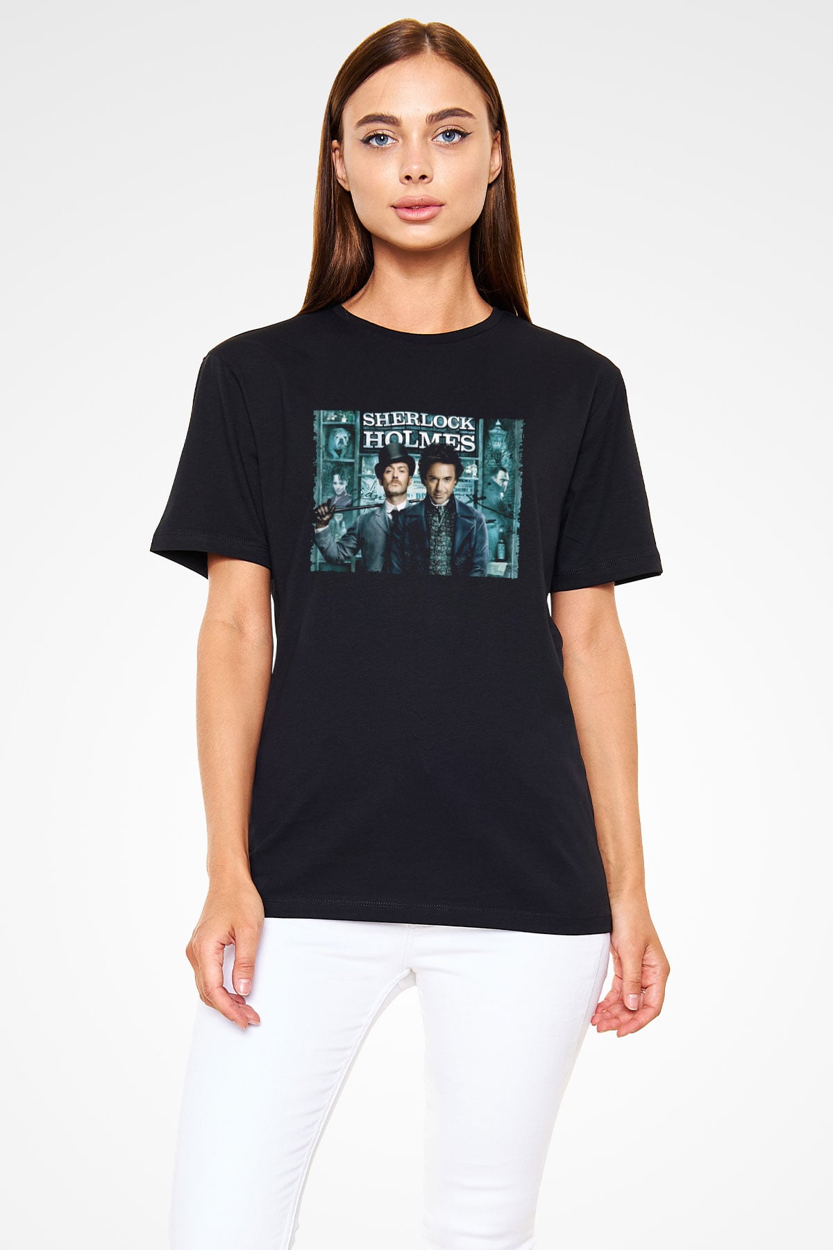 Unisex Sherlock Holmes Baskılı Siyah Tshirt