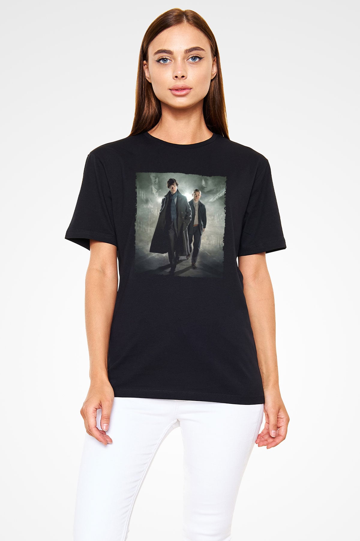 Unisex Sherlock Holmes Baskılı Siyah Tişört