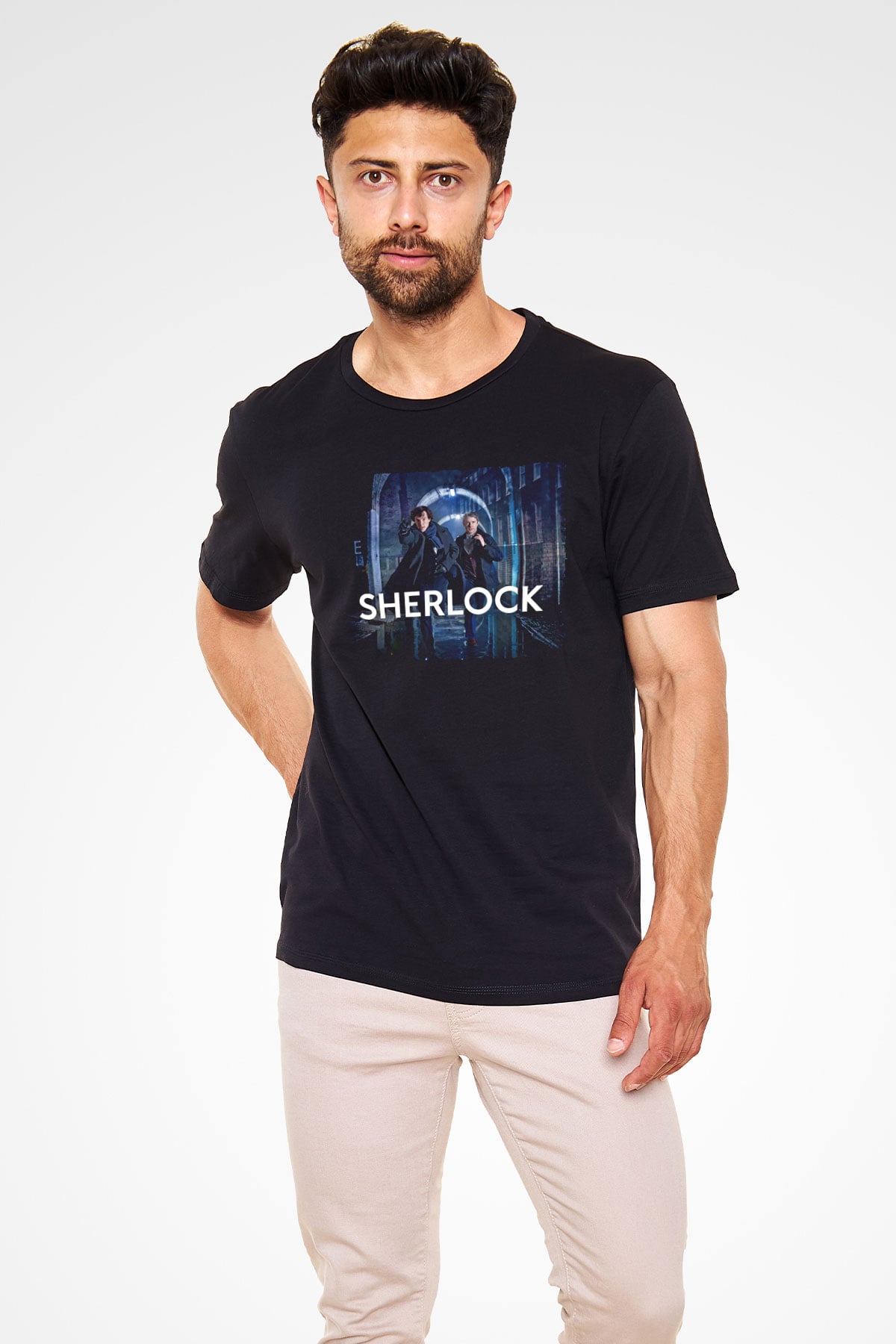 Unisex Sherlock Holmes Baskılı Siyah T-Shirt