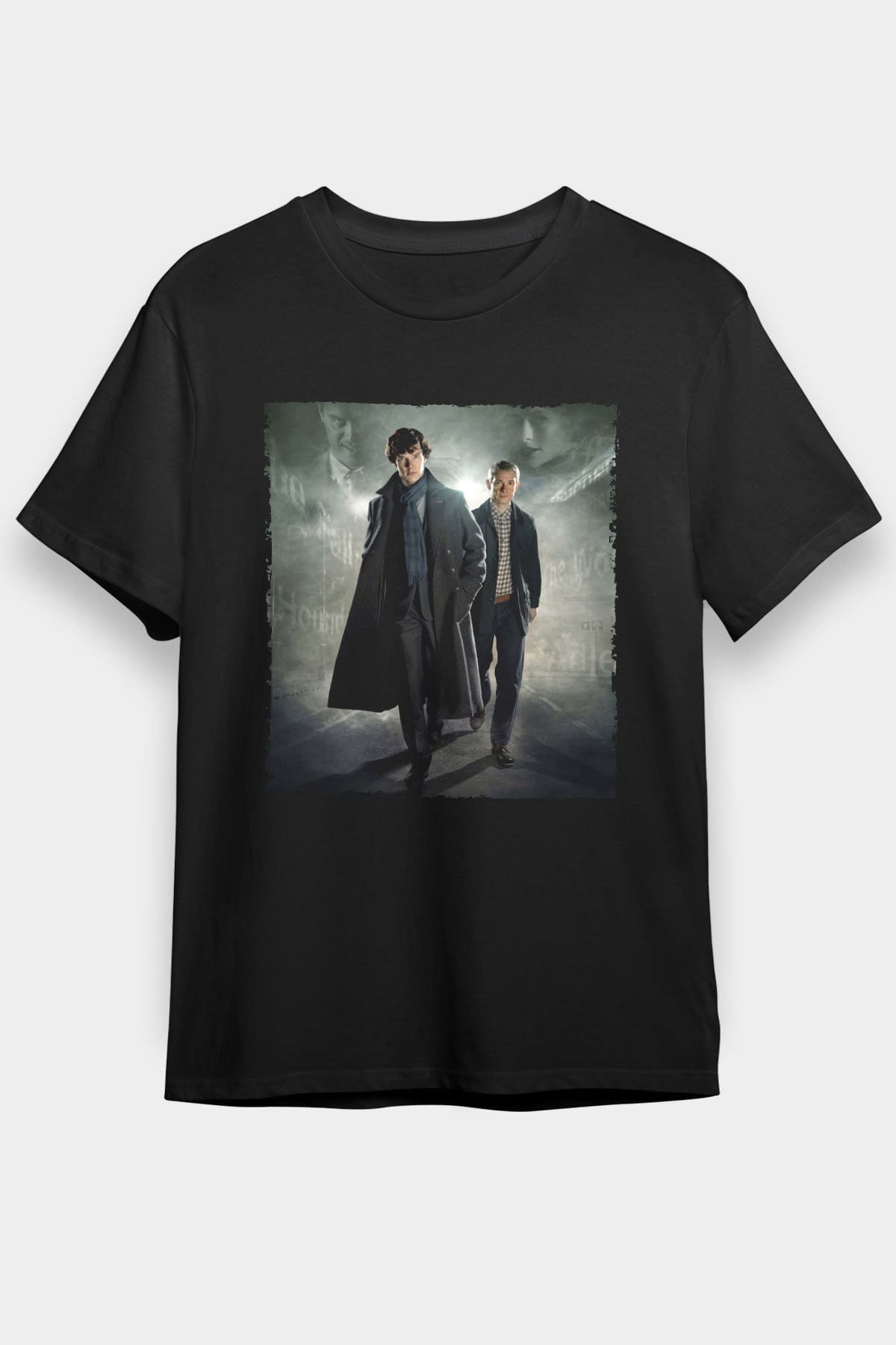 Unisex Sherlock Holmes Baskılı Siyah Tişört