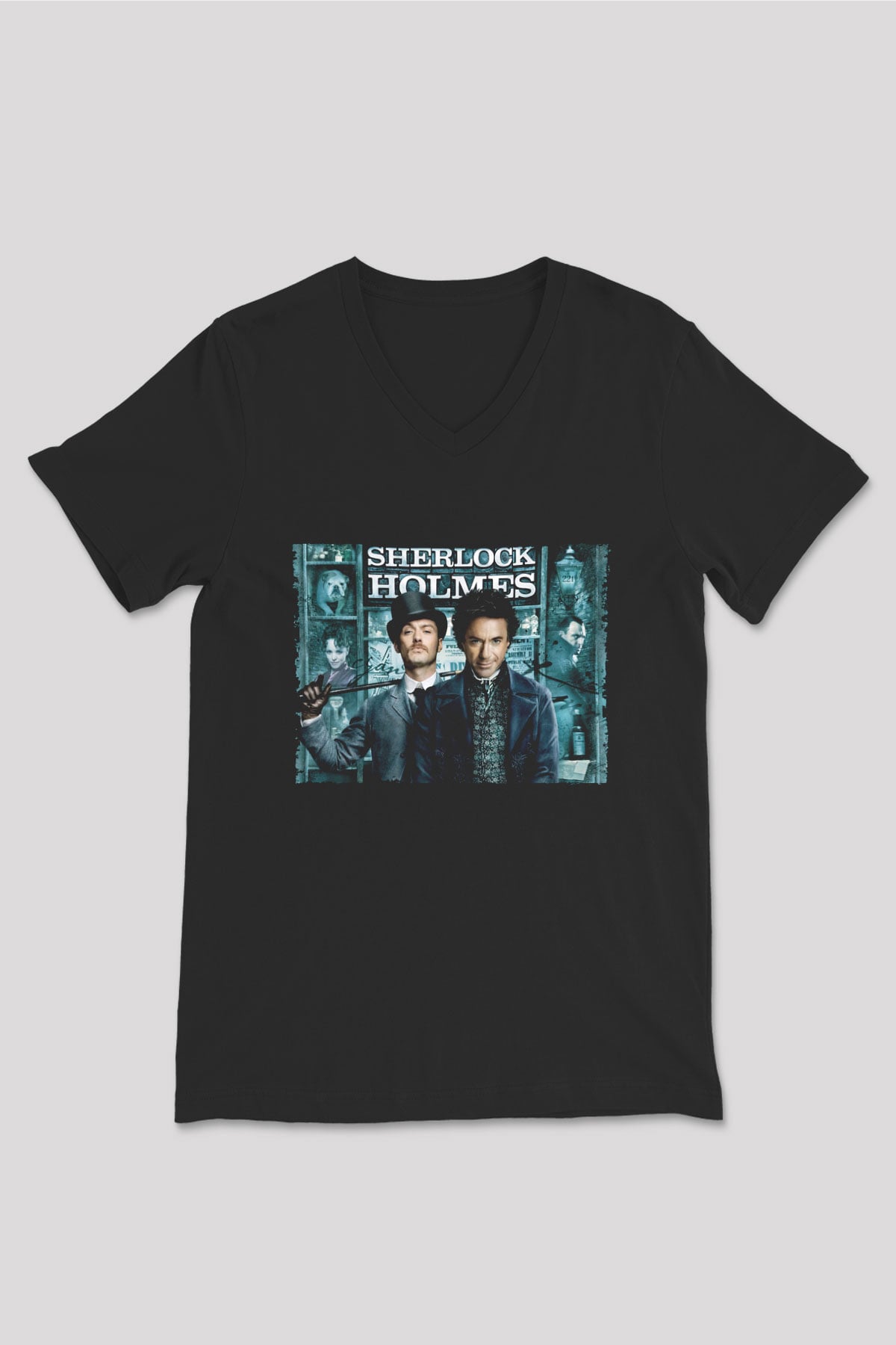 Unisex Sherlock Holmes Baskılı Siyah V Yaka Tshirt