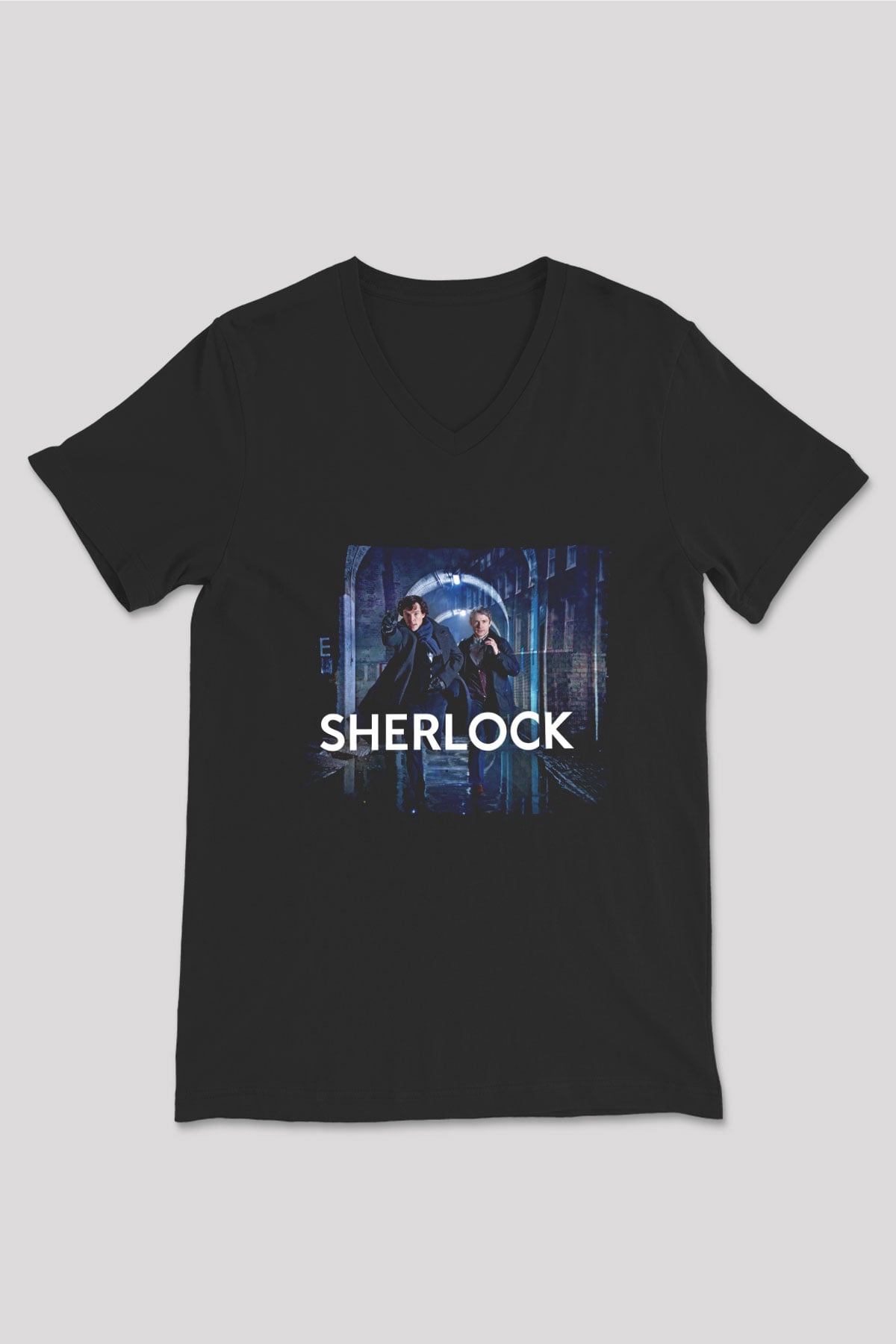 Unisex Sherlock Holmes Baskılı Siyah V Yaka T-shirt