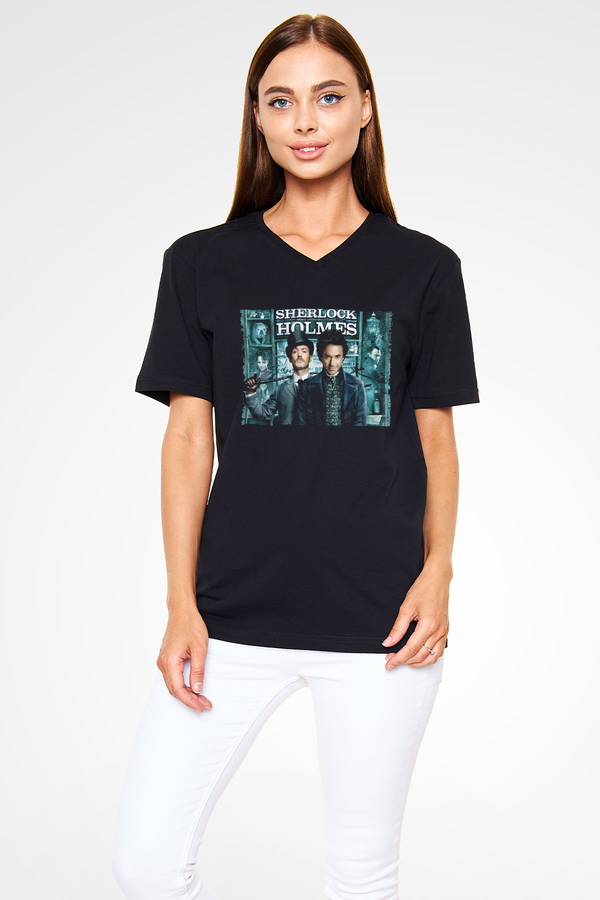 Unisex Sherlock Holmes Baskılı Siyah V Yaka Tshirt