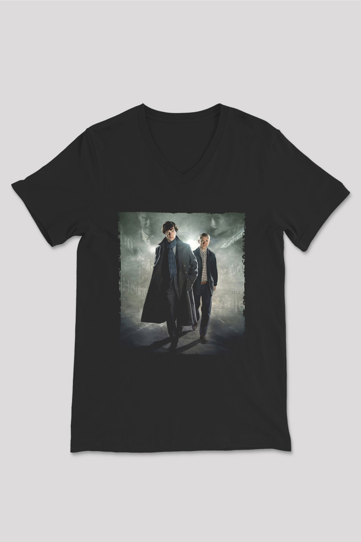 Unisex Sherlock Holmes Baskılı Siyah V Yaka Tişört