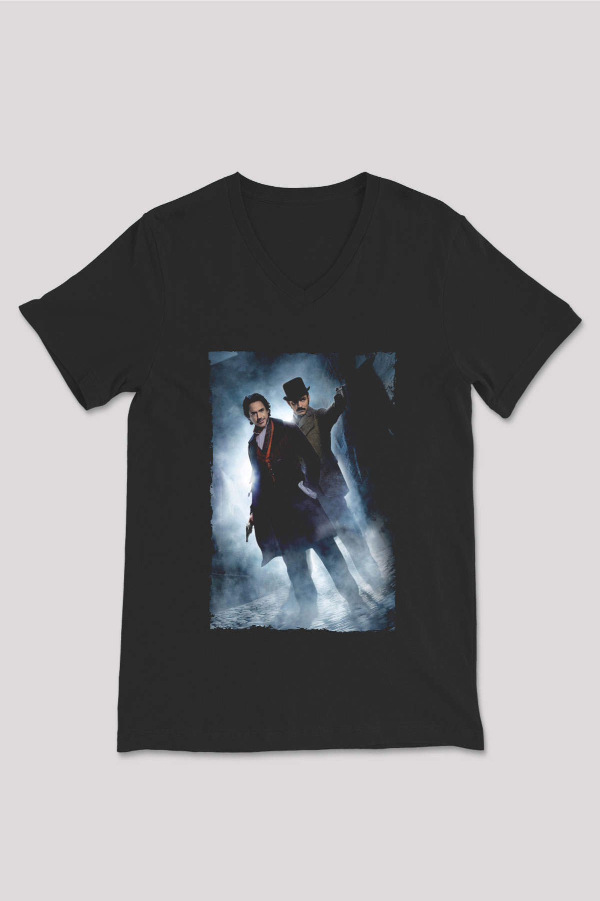 Unisex Sherlock Holmes Gölge Oyunları (Sherlock Holmes A Game of Shadows) Baskılı Siyah V Yaka Tshirt