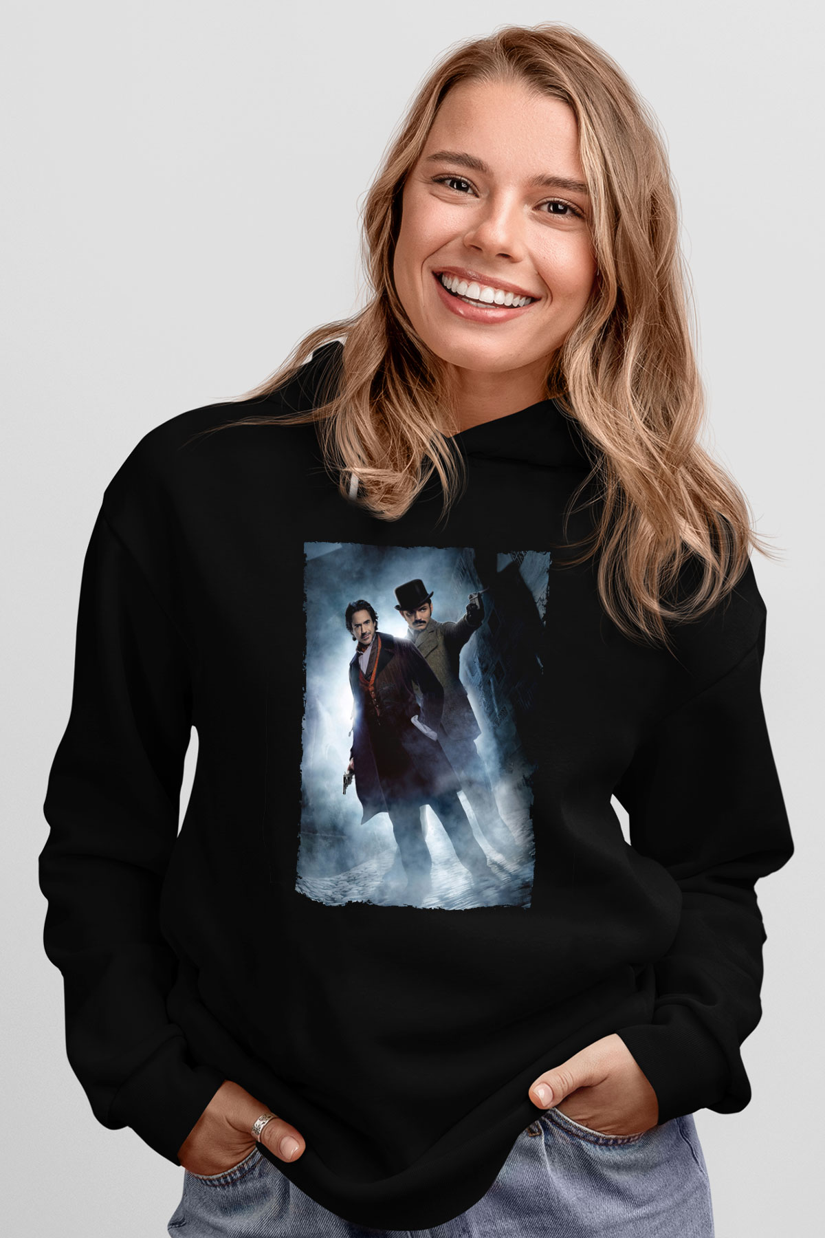 Unisex Sherlock Holmes Gölge Oyunları (Sherlock Holmes A Game of Shadows) Baskılı Siyah Kapüşonlu Sweatshirt