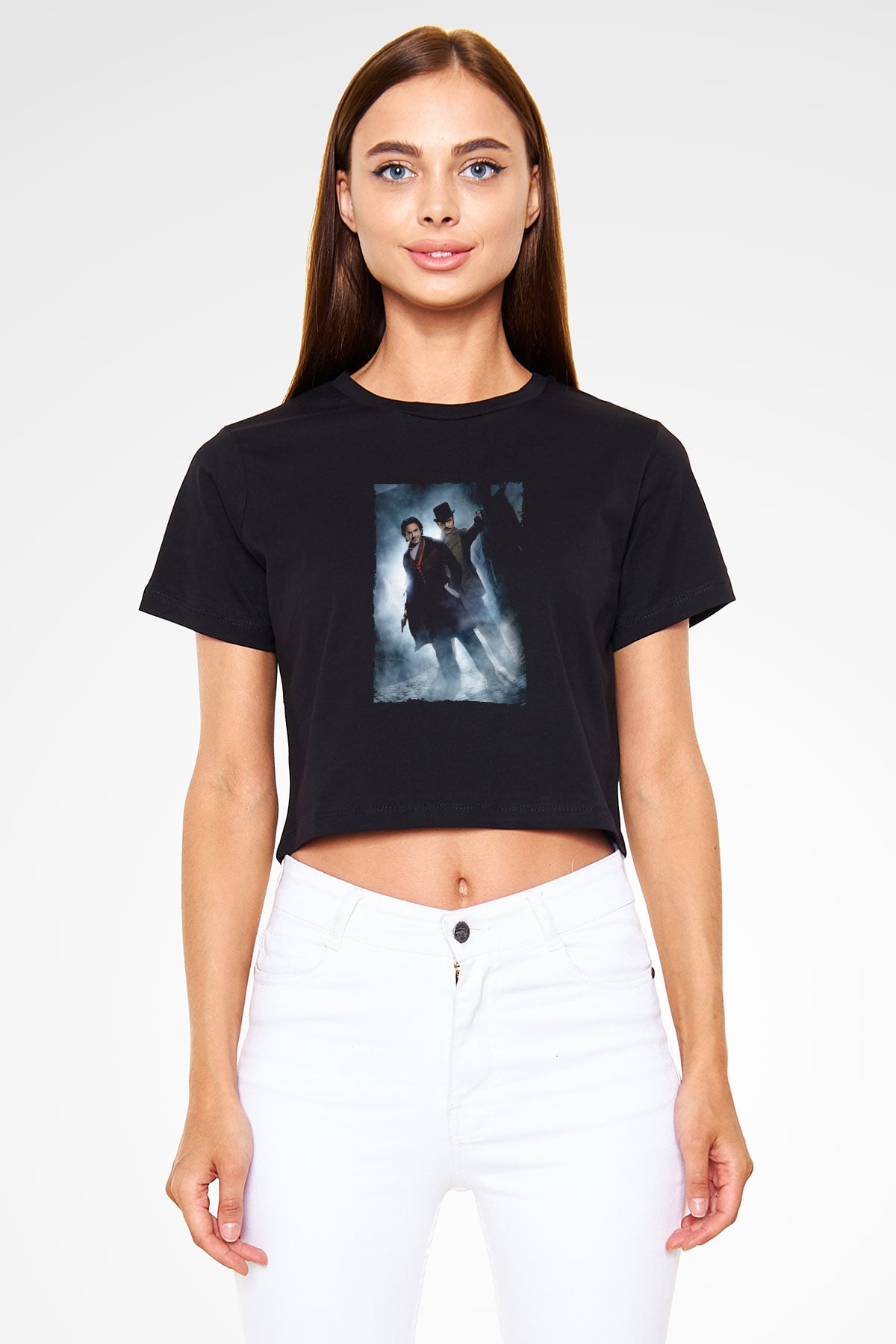 Unisex Sherlock Holmes Gölge Oyunları (Sherlock Holmes A Game of Shadows) Baskılı Siyah Crop Top Tshirt