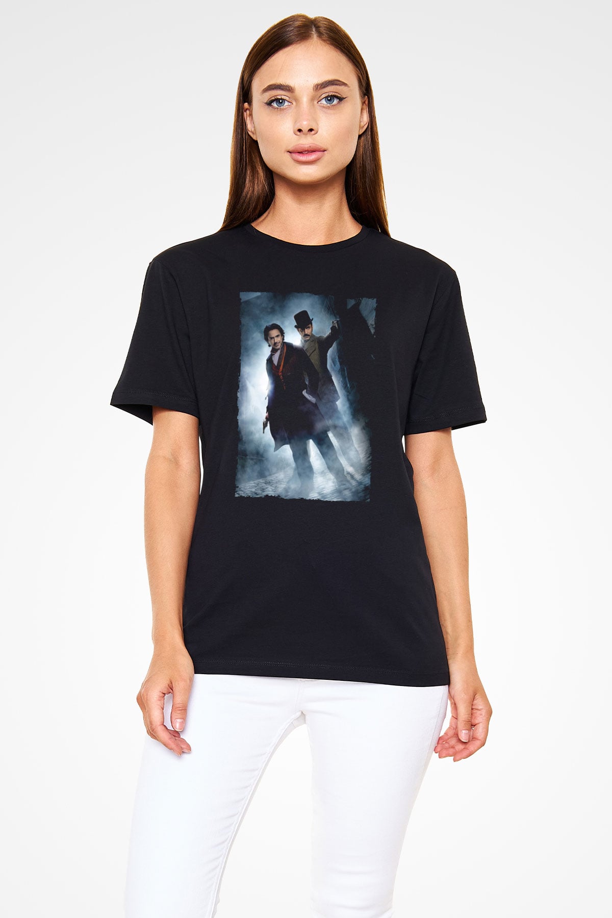 Unisex Sherlock Holmes Gölge Oyunları (Sherlock Holmes A Game of Shadows) Baskılı Siyah Tshirt