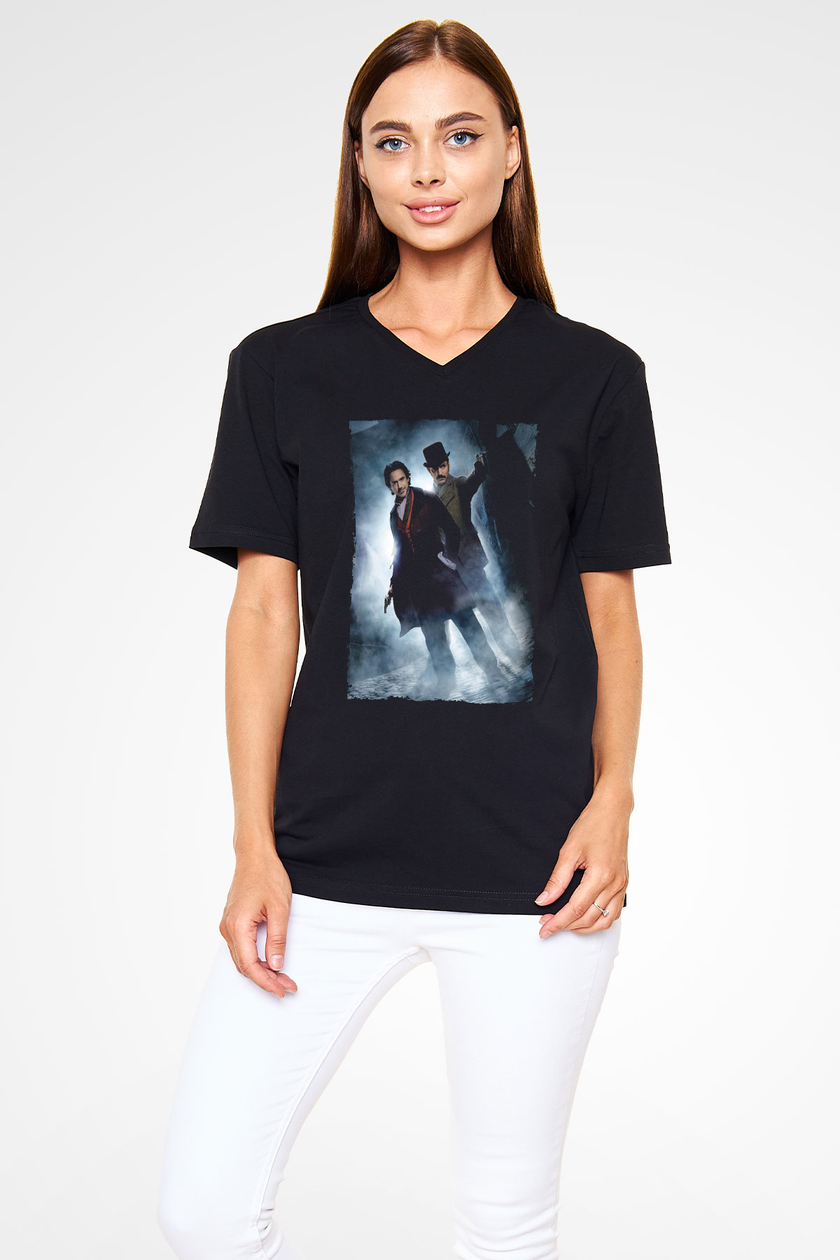 Unisex Sherlock Holmes Gölge Oyunları (Sherlock Holmes A Game of Shadows) Baskılı Siyah V Yaka Tshirt