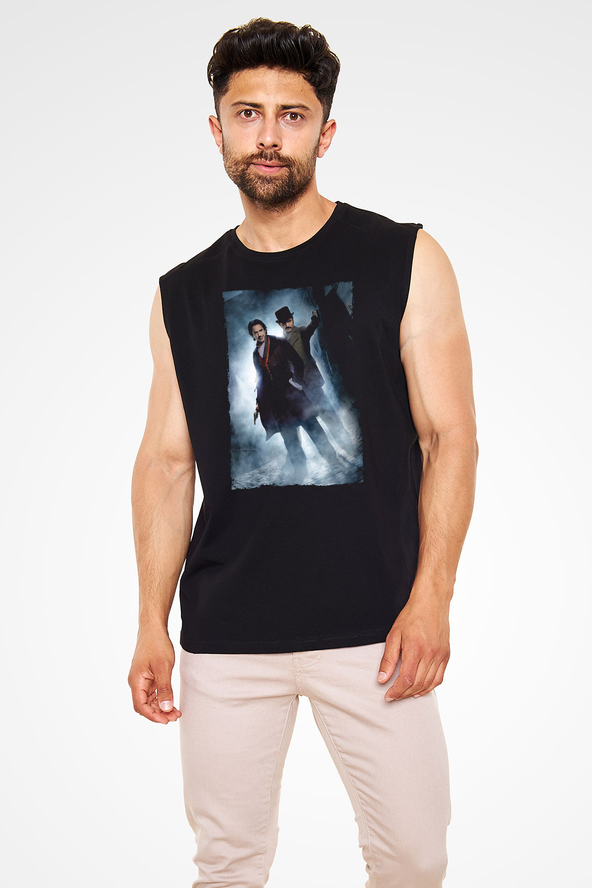 Unisex Sherlock Holmes Gölge Oyunları (Sherlock Holmes A Game of Shadows) Baskılı Siyah Kolsuz Tshirt