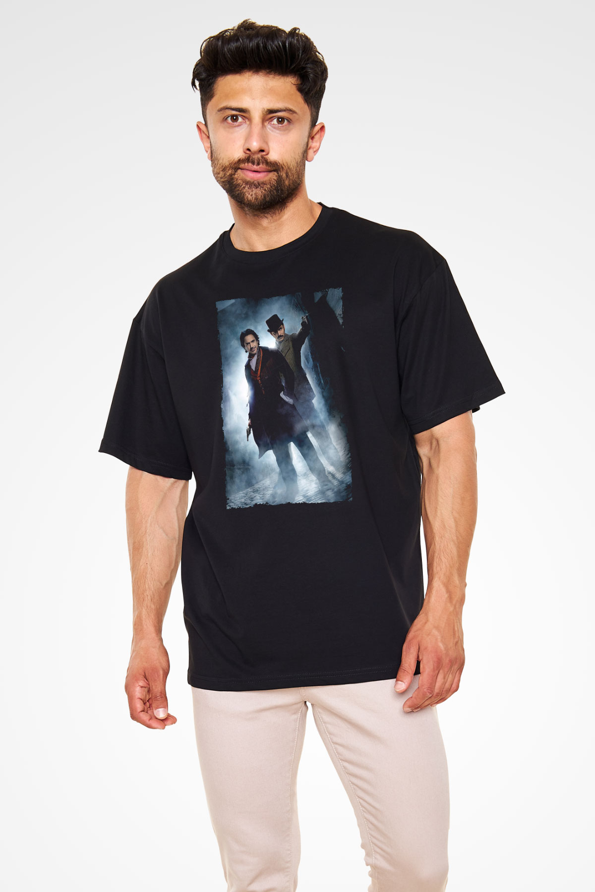 Unisex Sherlock Holmes Gölge Oyunları (Sherlock Holmes A Game of Shadows) Baskılı Siyah Oversize Tshirt