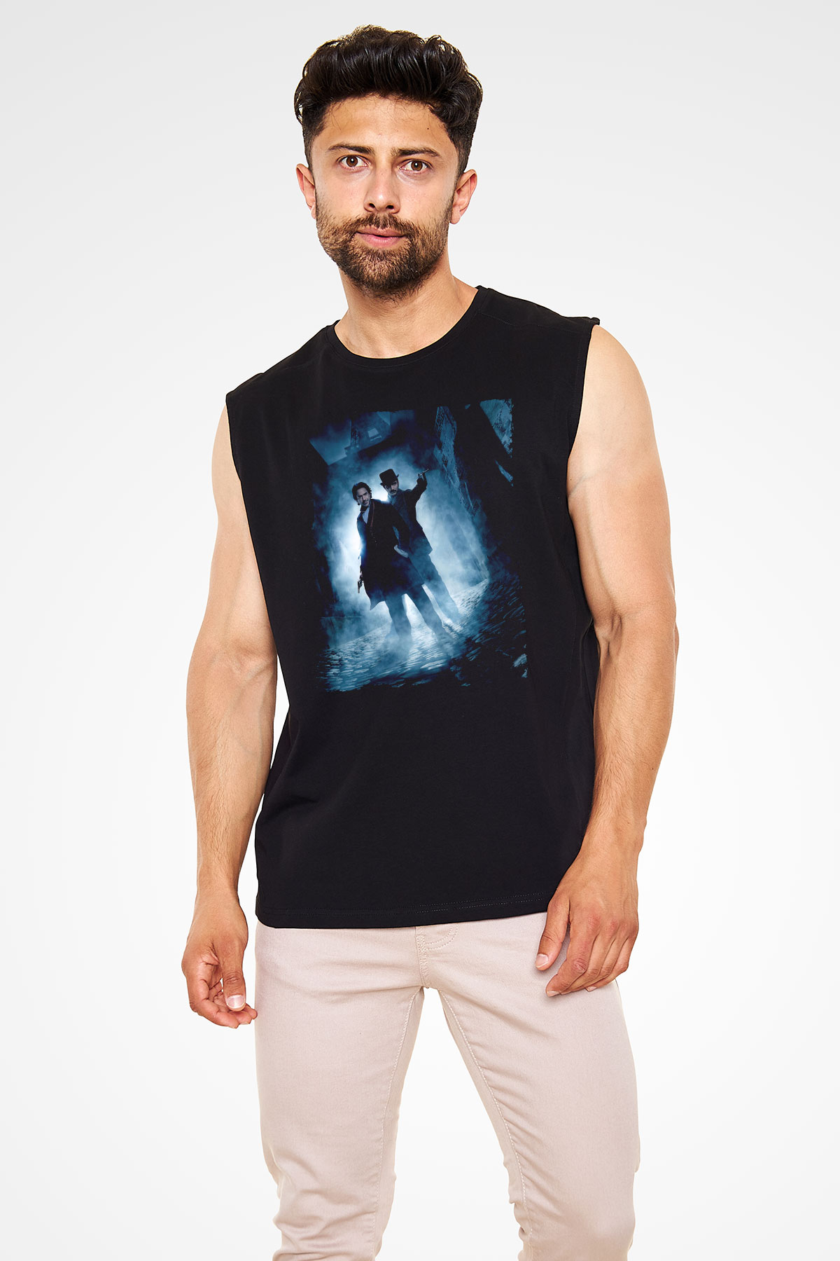 Unisex Sherlock Holmes Gölge Oyunları (Sherlock Holmes A Game of Shadows) Baskılı Siyah Kolsuz T-shirt