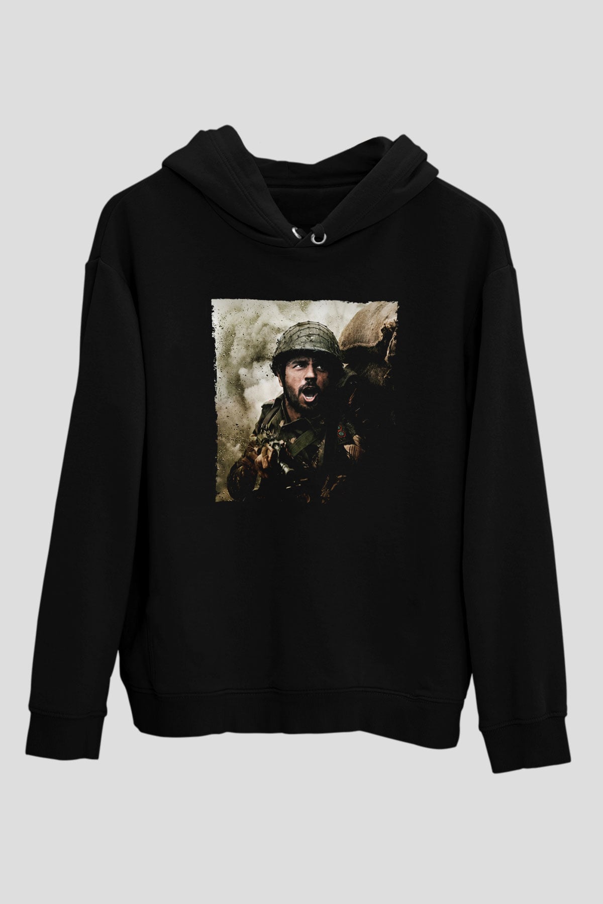 Unisex Shershaah Baskılı Siyah Kapüşonlu Sweatshirt