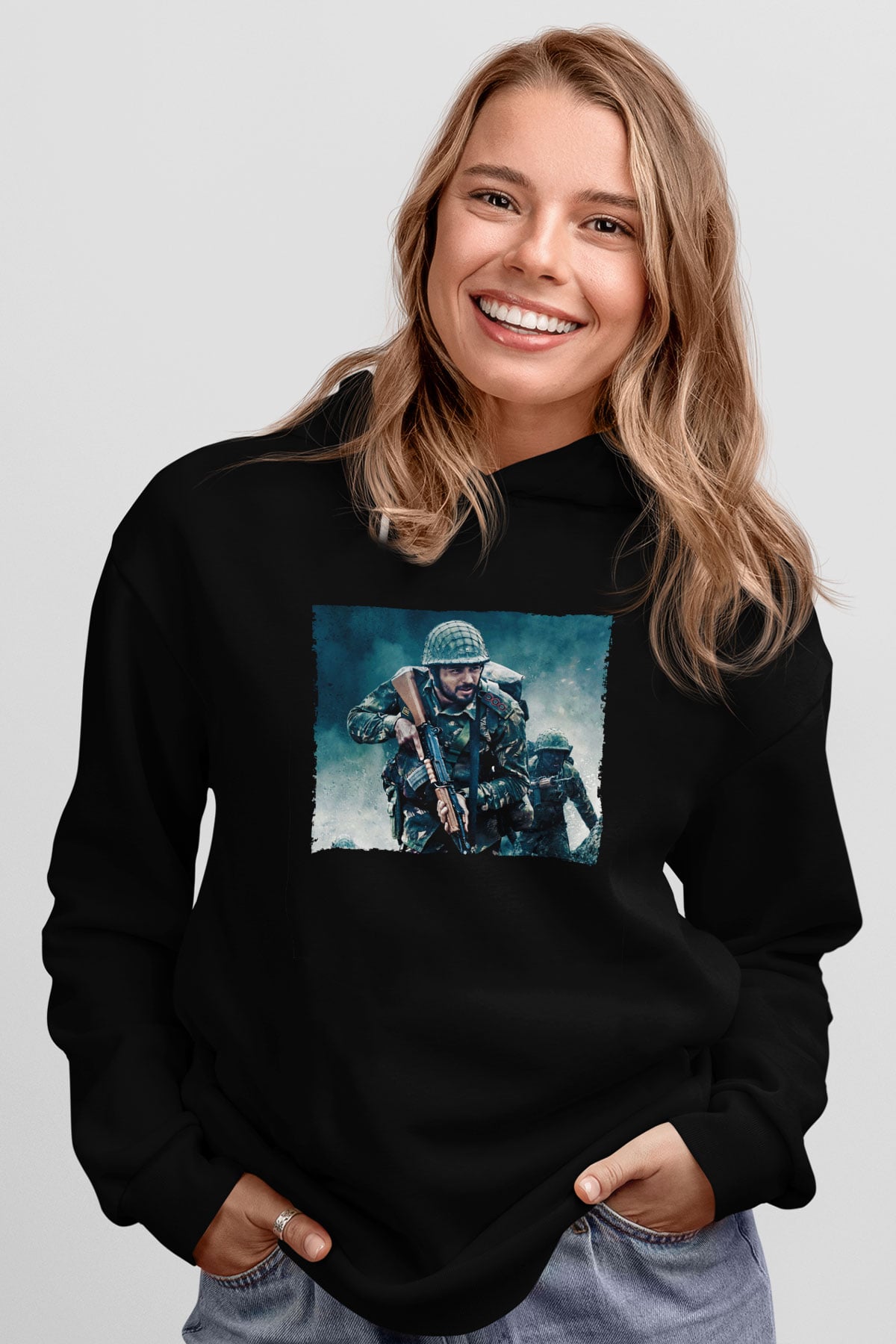Unisex Shershaah Baskılı Siyah Kapüşonlu Sweatshirt