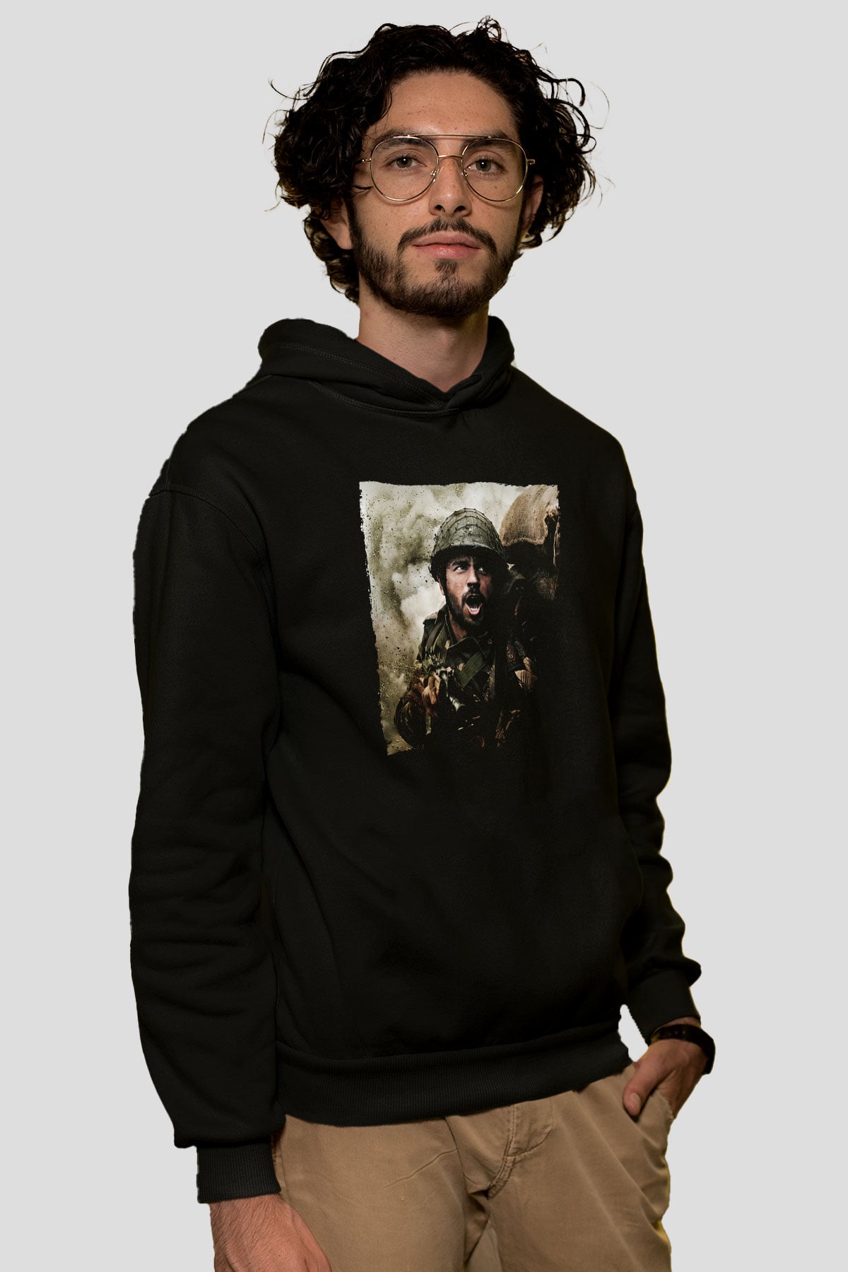 Unisex Shershaah Baskılı Siyah Kapüşonlu Sweatshirt