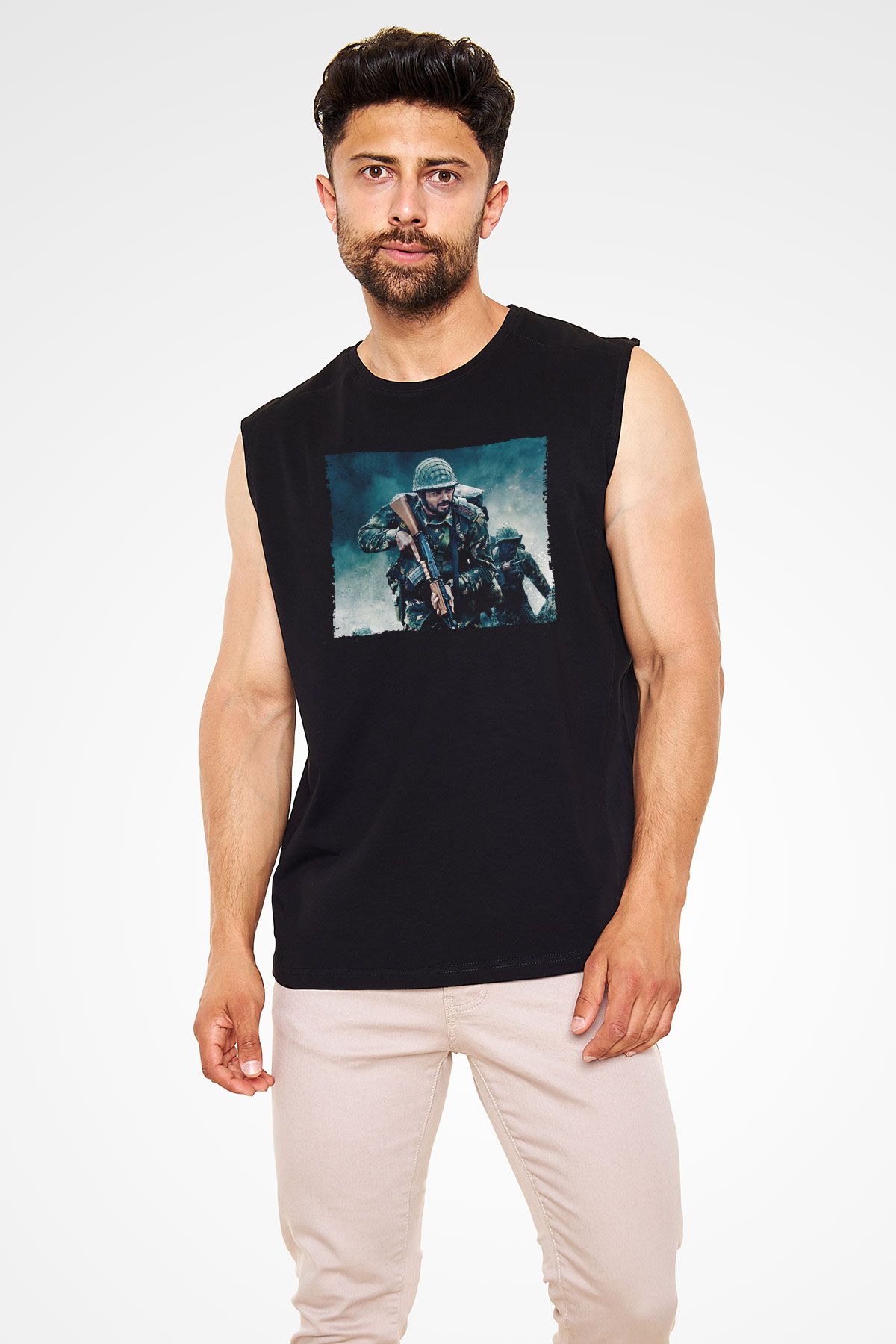 Unisex Shershaah Baskılı Siyah Kolsuz T-shirt