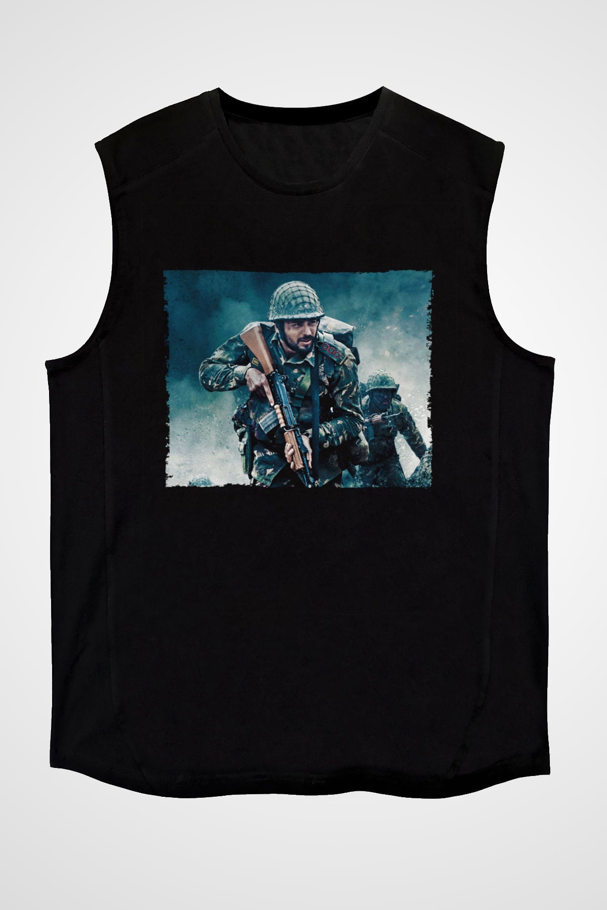Unisex Shershaah Baskılı Siyah Kolsuz T-shirt