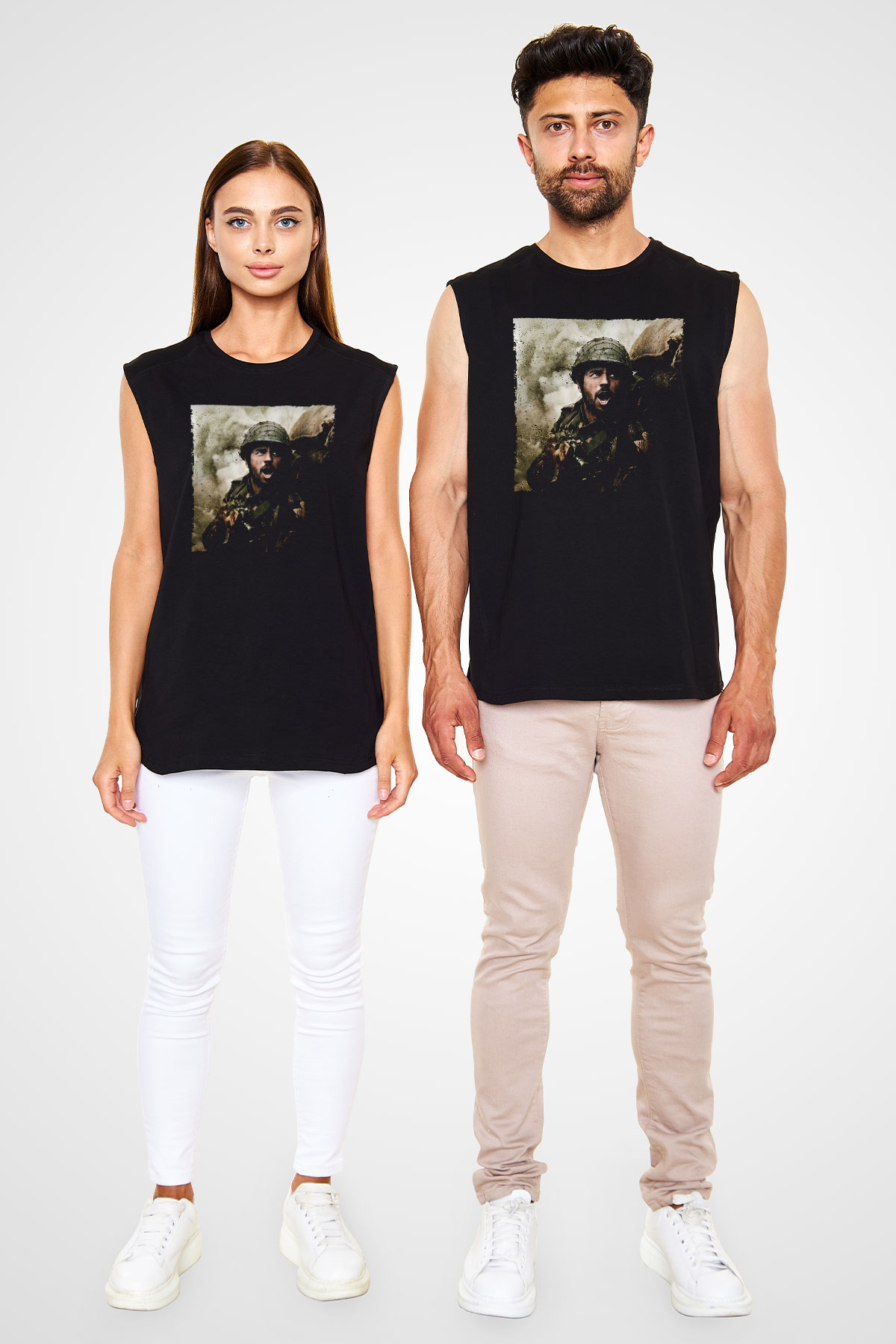 Unisex Shershaah Baskılı Siyah Kolsuz Tişört
