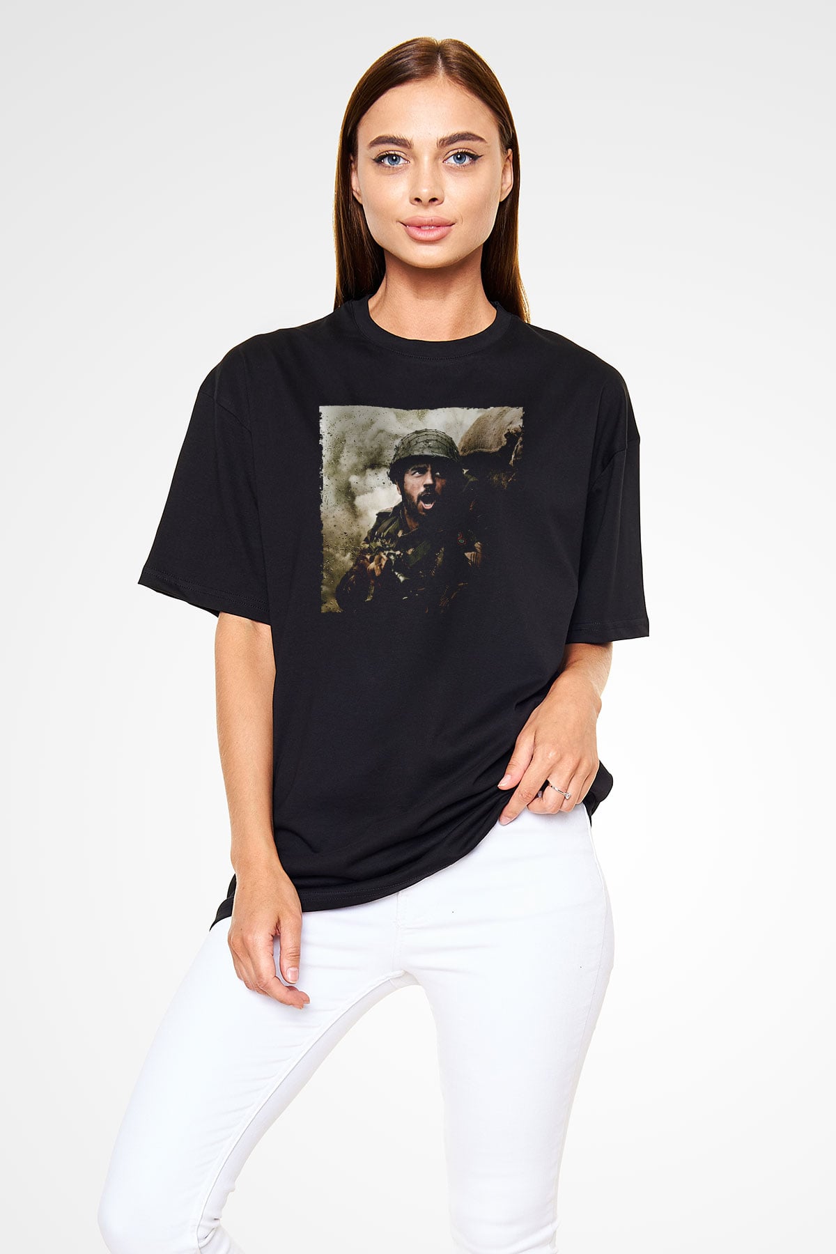 Unisex Shershaah Baskılı Siyah Oversize Tişört