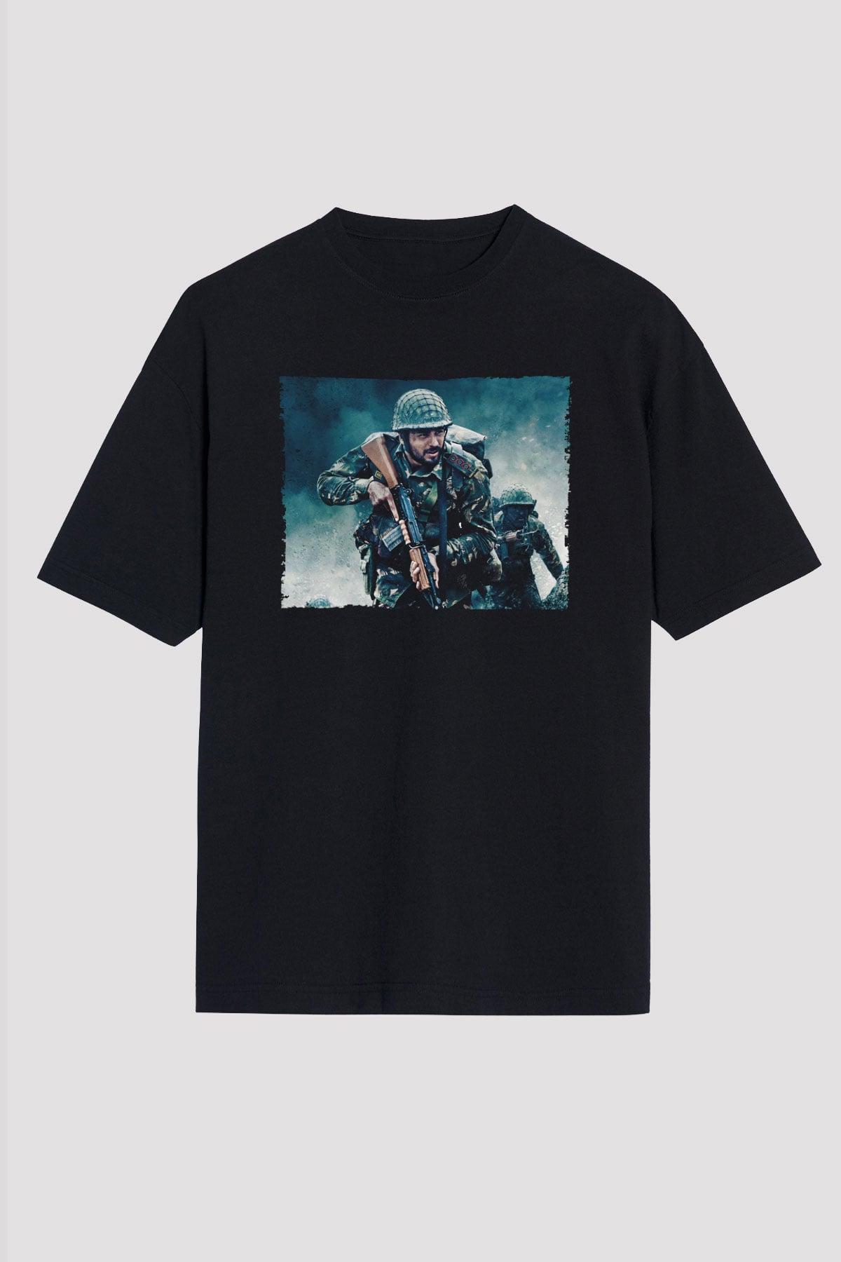 Unisex Shershaah Baskılı Siyah Oversize T-shirt