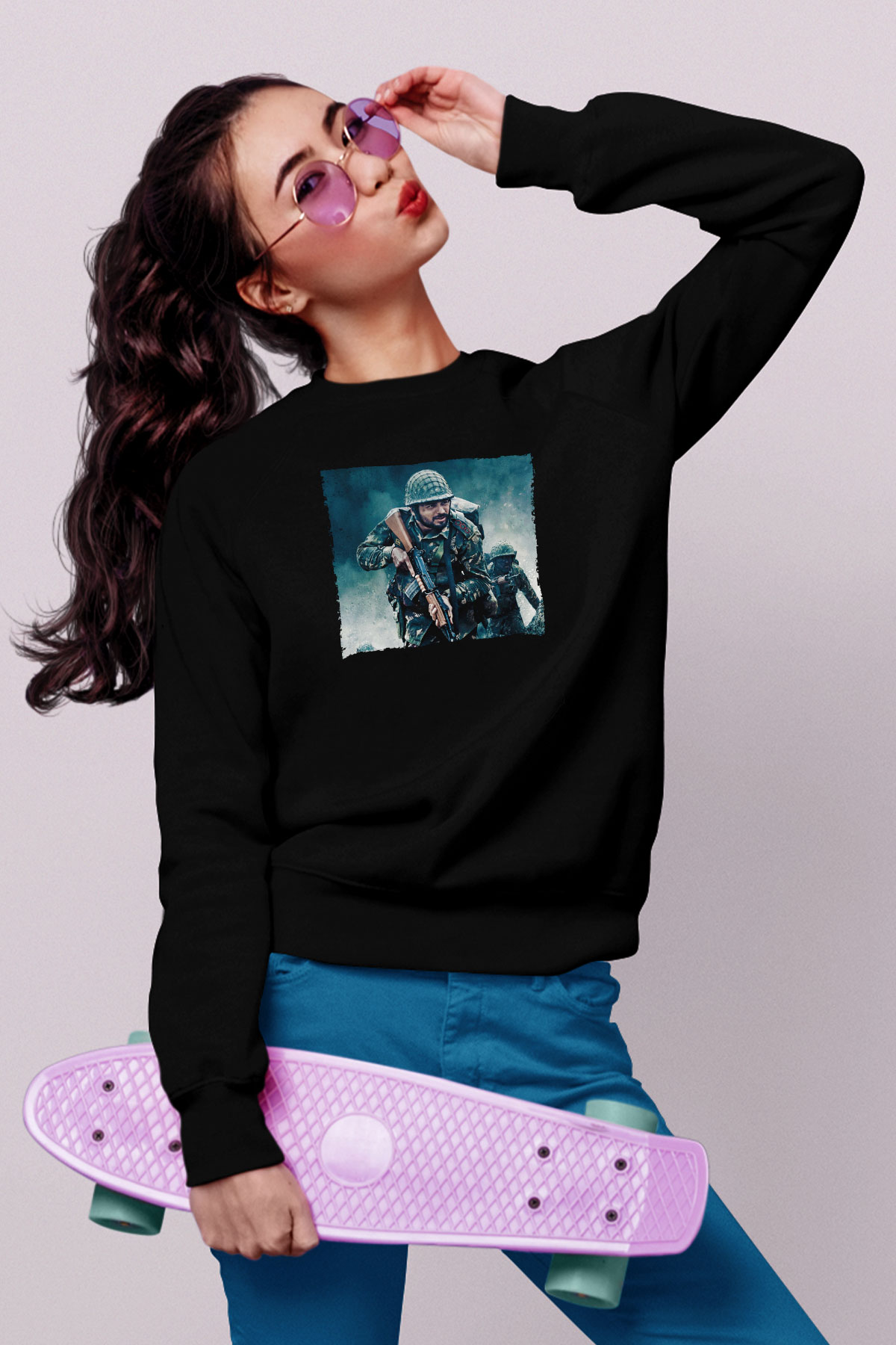 Unisex Shershaah Baskılı Siyah Sweatshirt