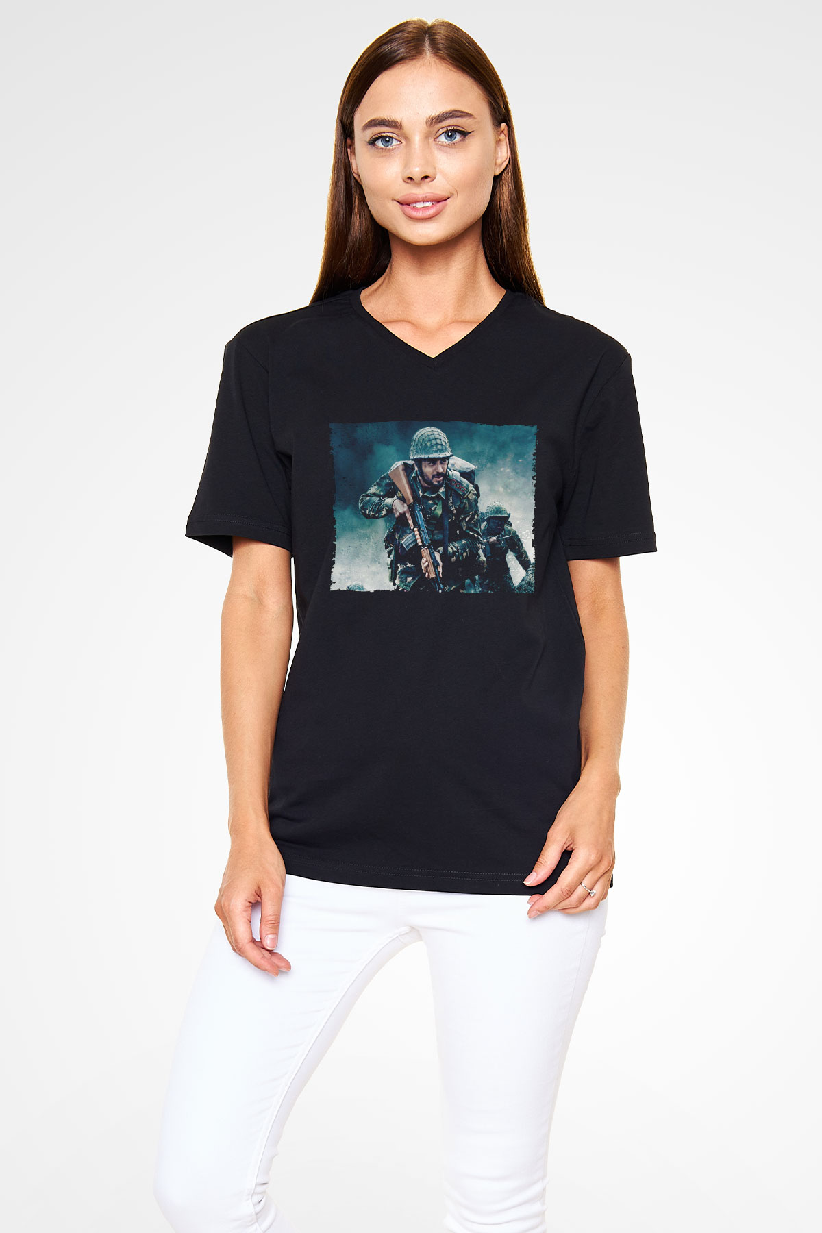 Unisex Shershaah Baskılı Siyah V Yaka T-shirt