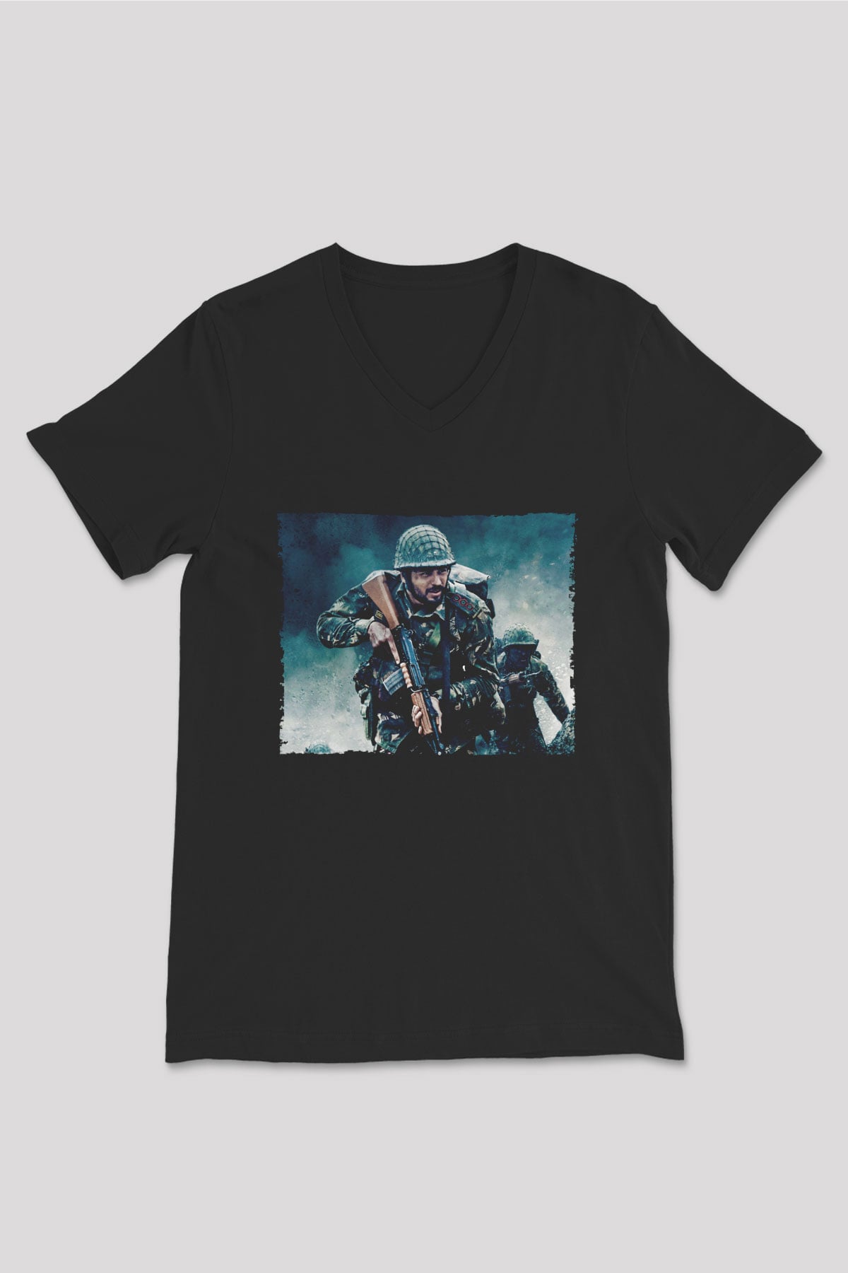 Unisex Shershaah Baskılı Siyah V Yaka T-shirt