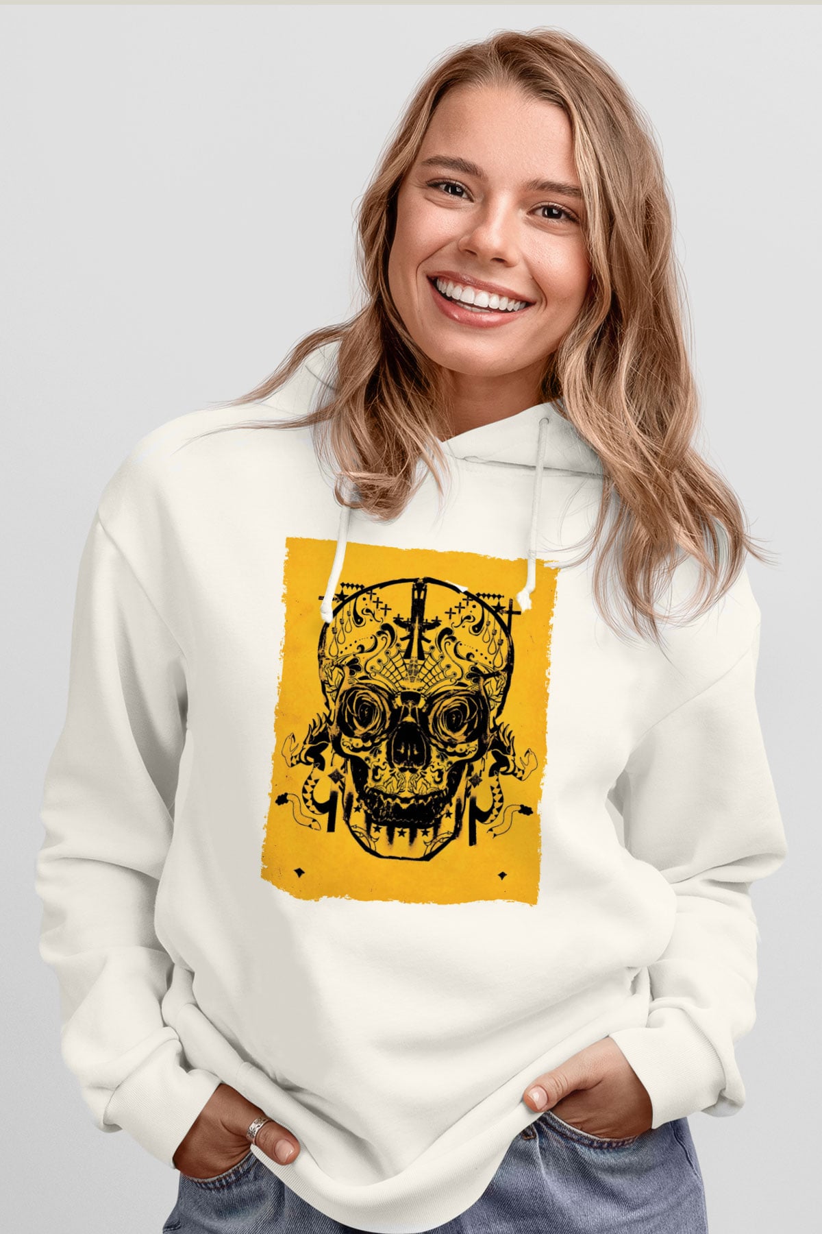 Unisex Sicario Baskılı Beyaz Kapüşonlu Sweatshirt