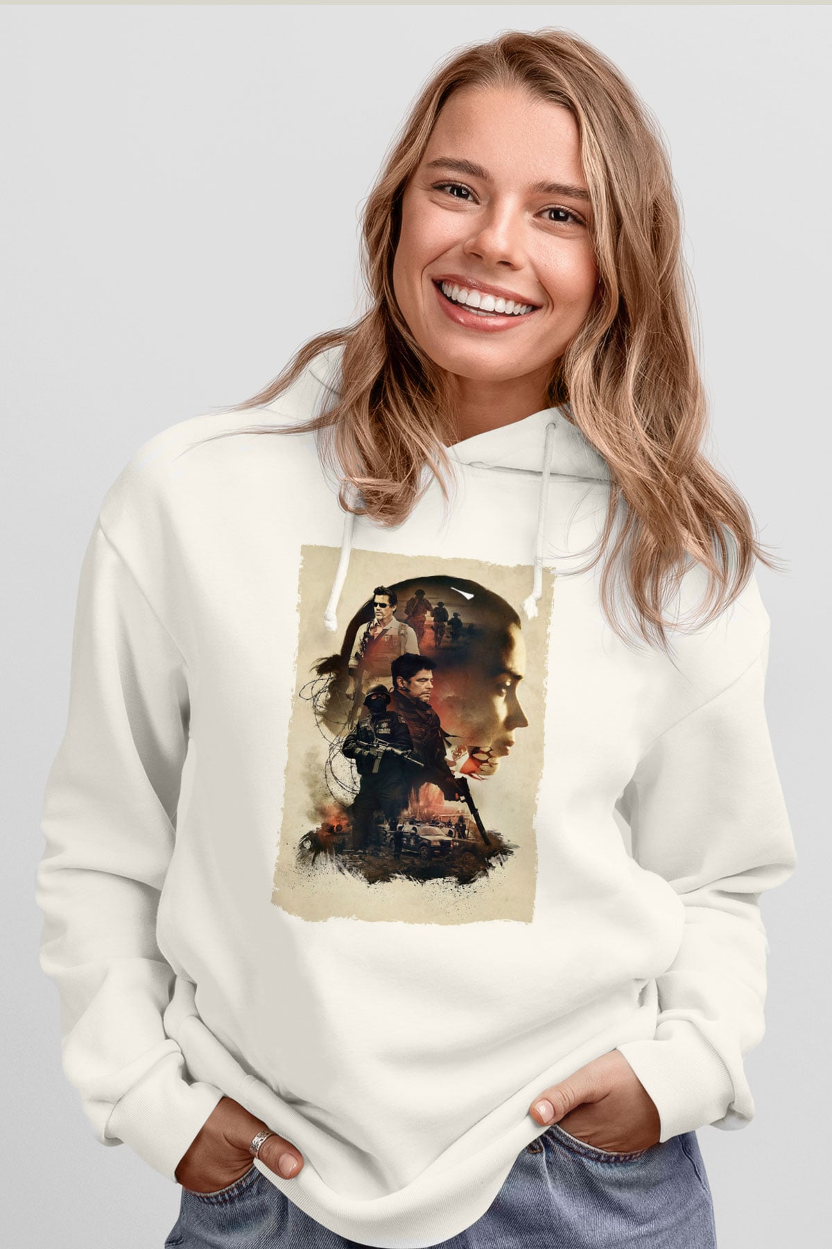 Unisex Sicario Baskılı Beyaz Kapüşonlu Sweatshirt