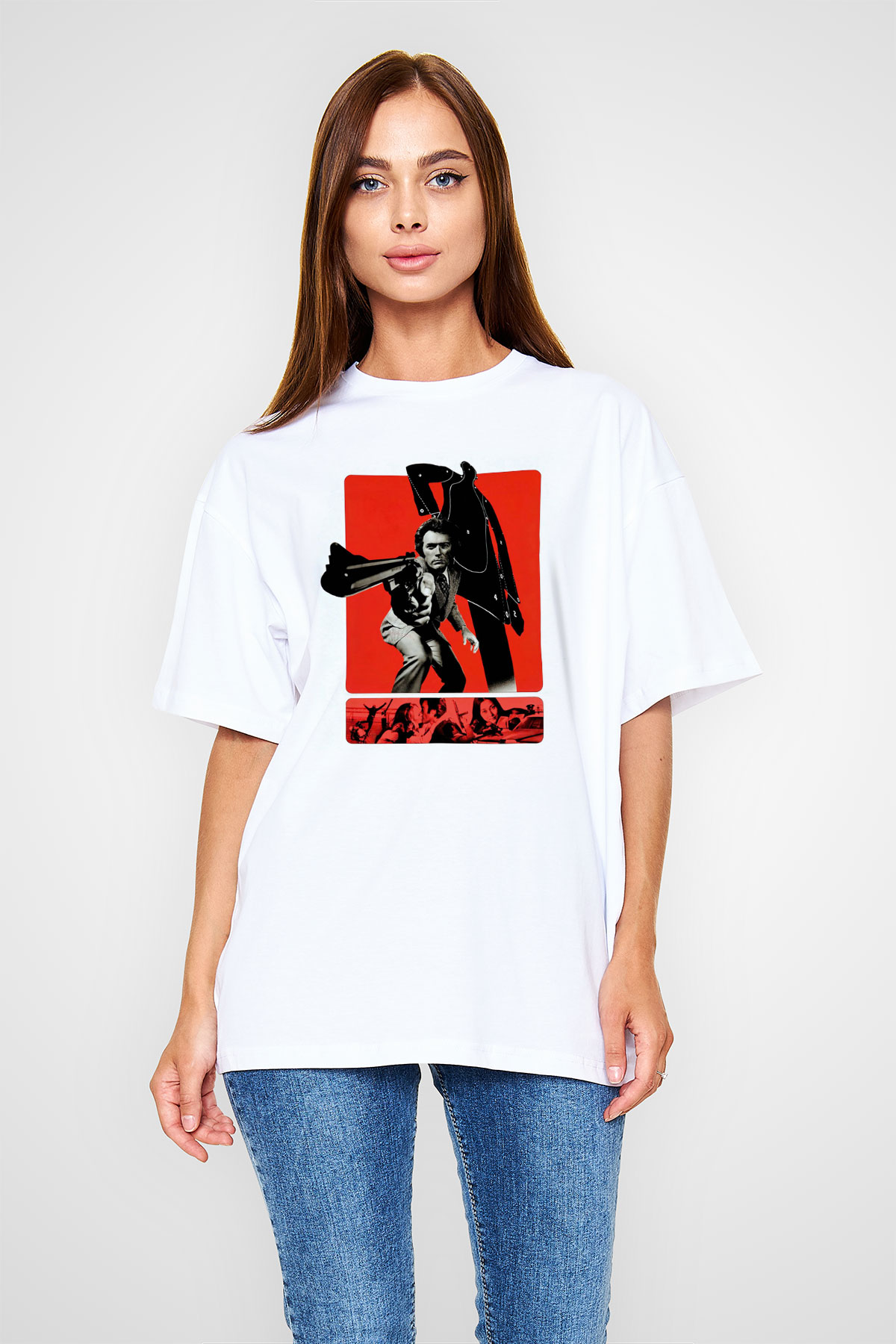 Unisex Silahın Gücü (Magnum Force) Baskılı Beyaz Oversize Tişört
