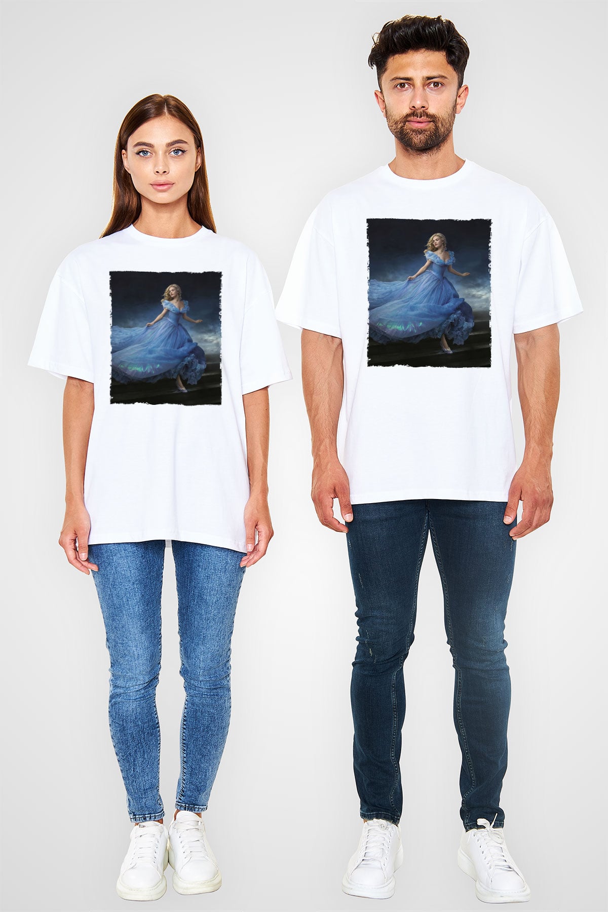Unisex Sindirella - Cinderella Baskılı Beyaz Oversize Tişört