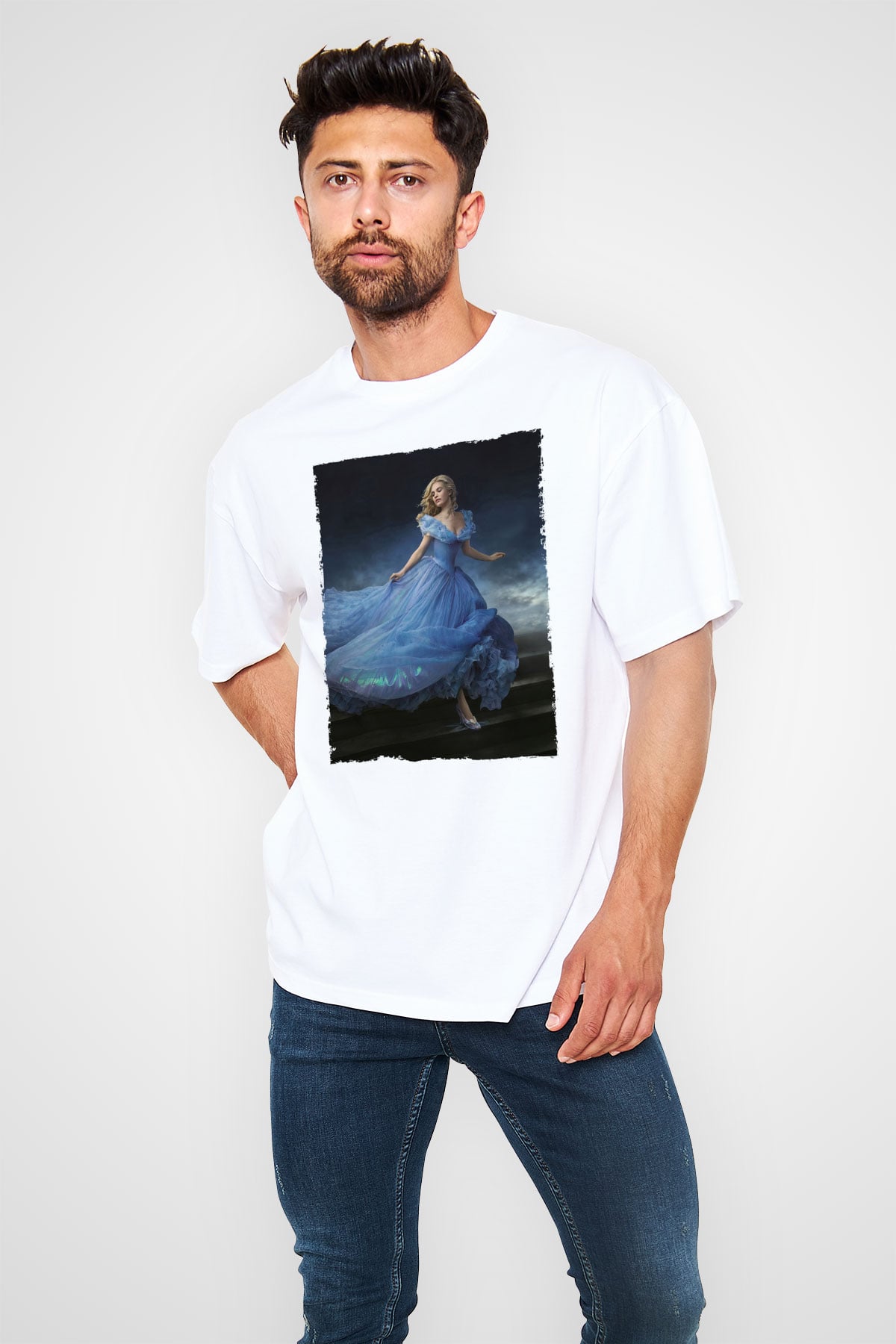Unisex Sindirella - Cinderella Baskılı Beyaz Oversize Tişört