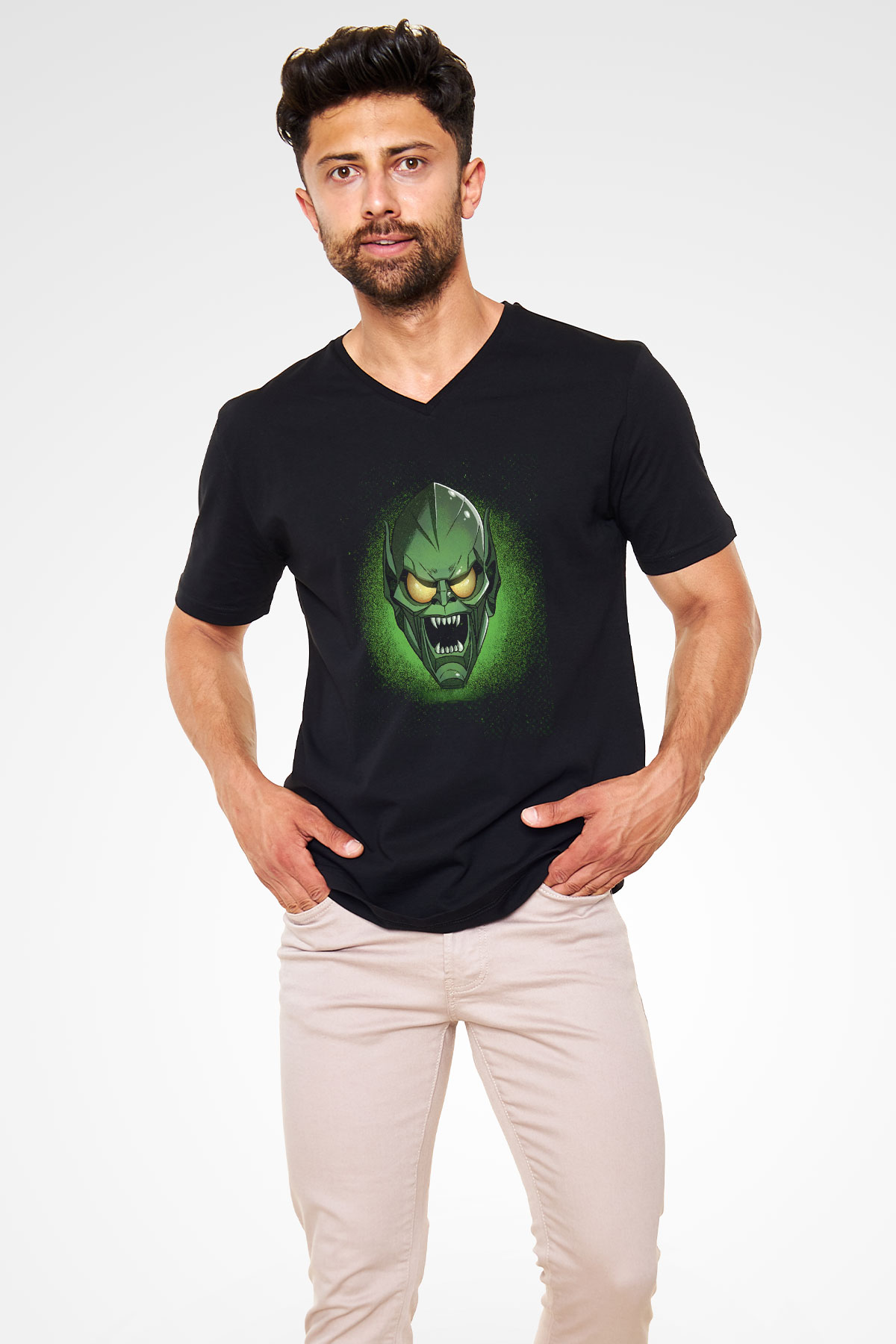 Unisex Sinister Six Baskılı Siyah V Yaka Tshirt