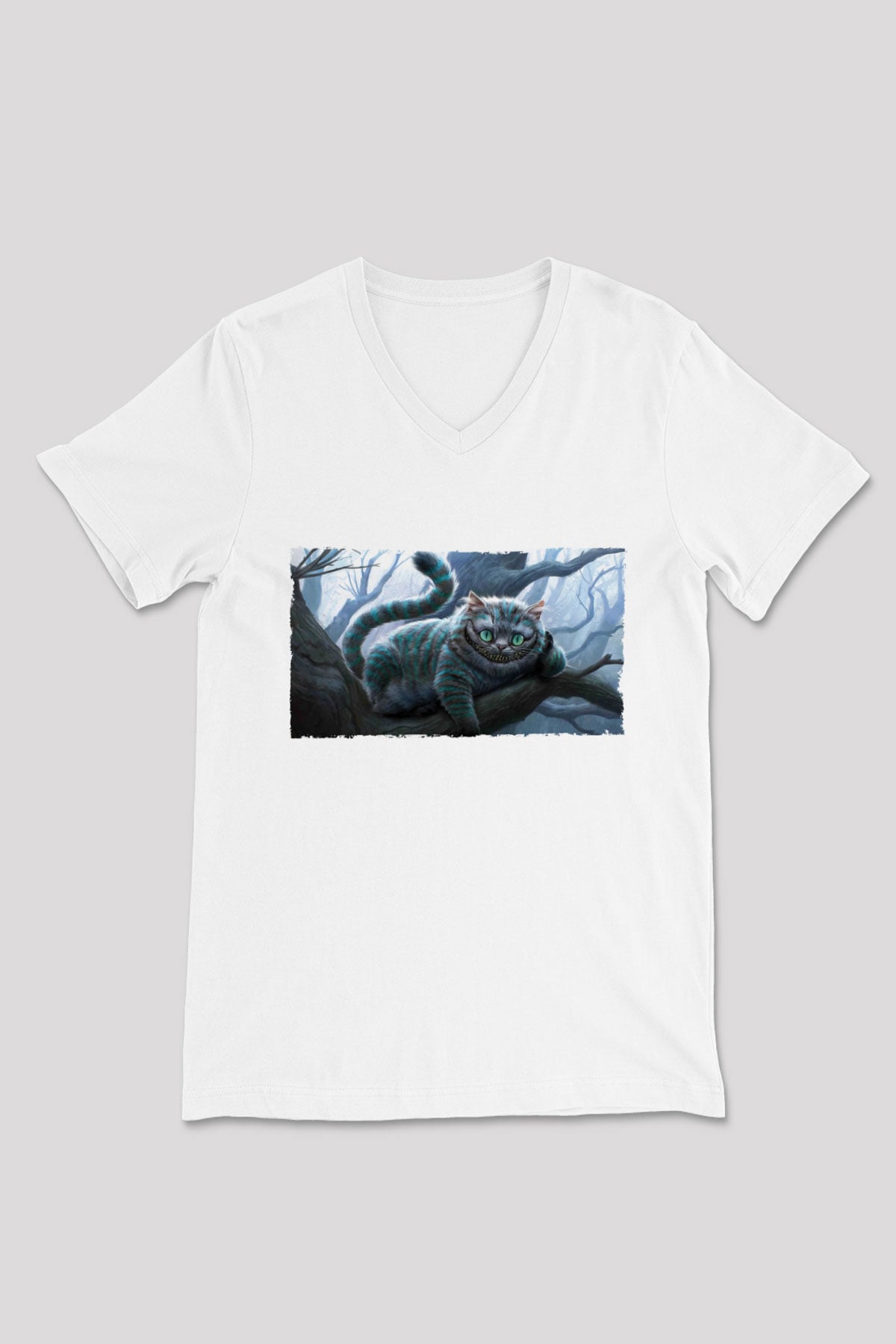 Unisex Sırıtan Kedi - Cheshire Cat Baskılı Beyaz V Yaka Tişört