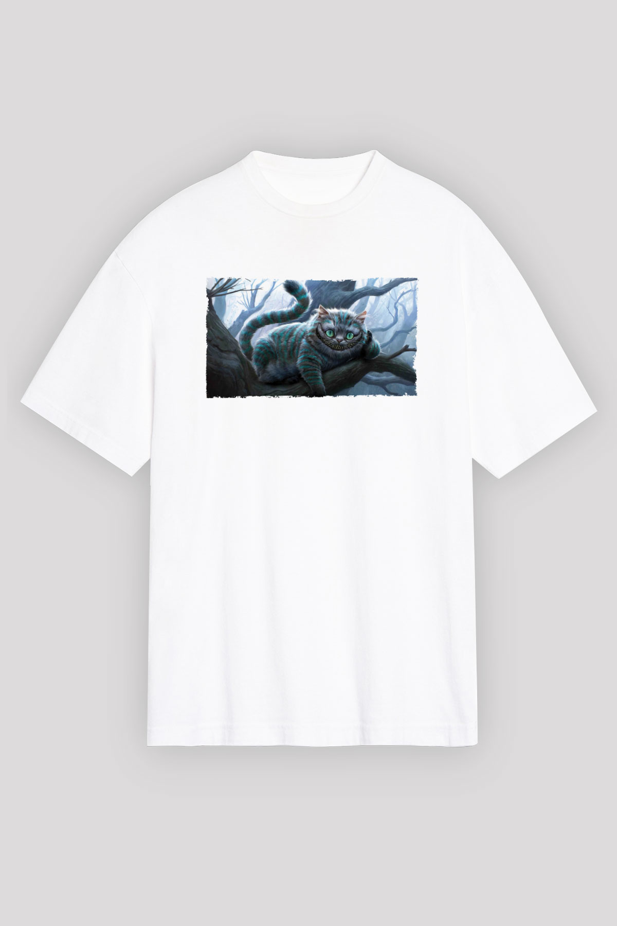 Unisex Sırıtan Kedi - Cheshire Cat Baskılı Beyaz Oversize Tişört