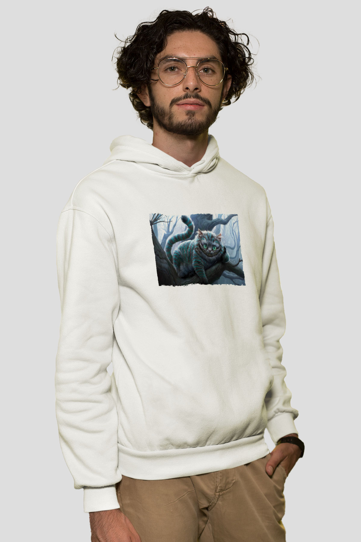 Unisex Sırıtan Kedi - Cheshire Cat Baskılı Beyaz Kapüşonlu Sweatshirt