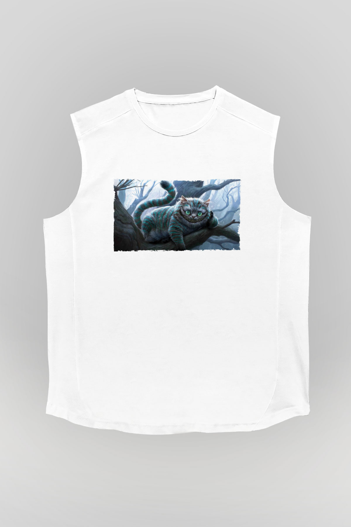 Unisex Sırıtan Kedi - Cheshire Cat Baskılı Beyaz Kolsuz Tişört