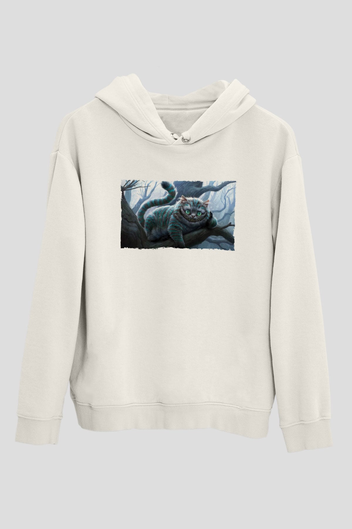 Unisex Sırıtan Kedi - Cheshire Cat Baskılı Beyaz Kapüşonlu Sweatshirt