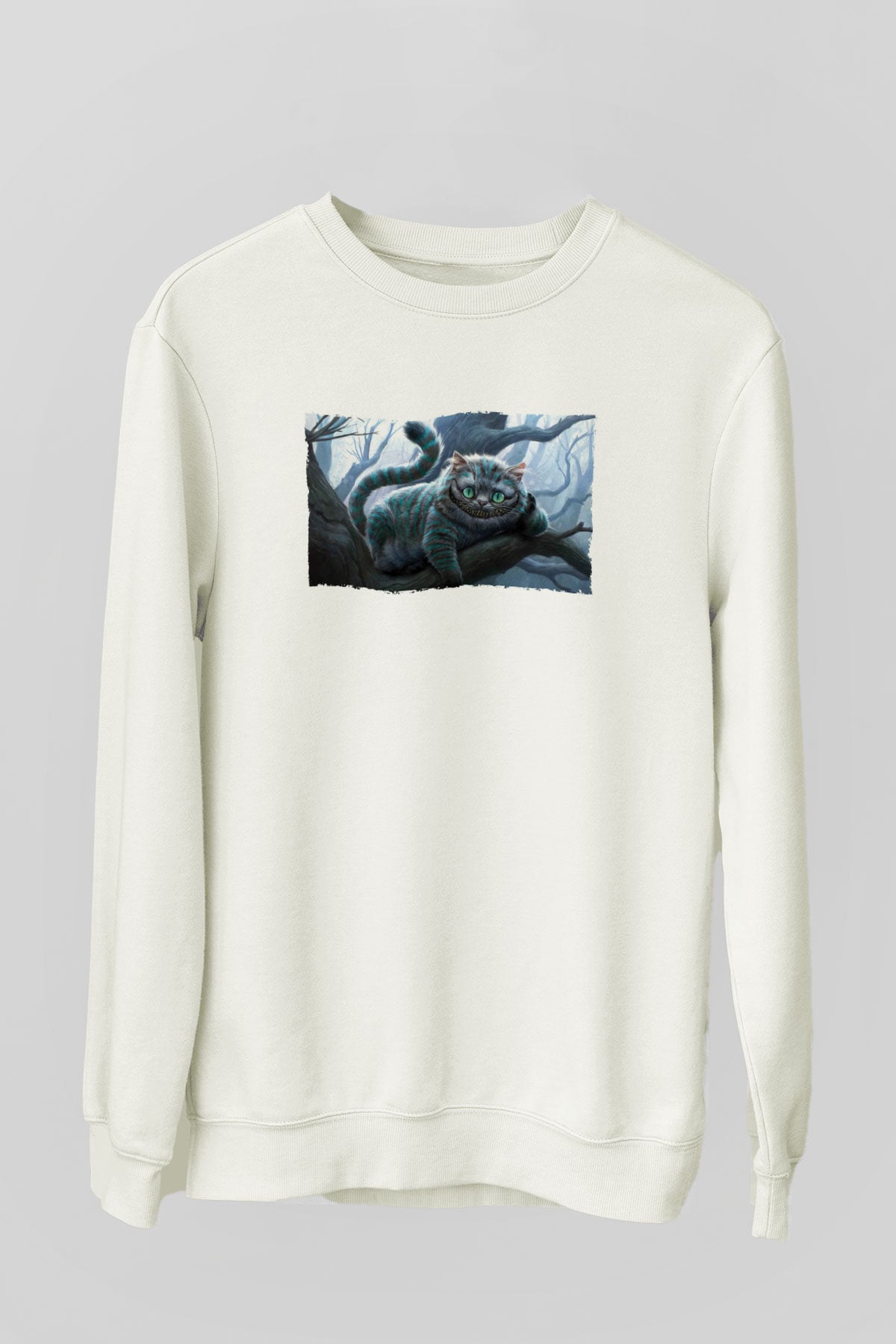Unisex Sırıtan Kedi - Cheshire Cat Baskılı Beyaz Sweatshirt
