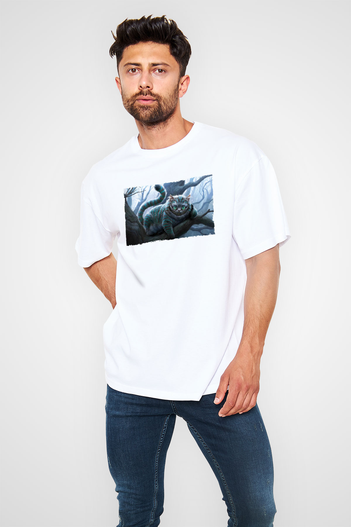 Unisex Sırıtan Kedi - Cheshire Cat Baskılı Beyaz Oversize Tişört
