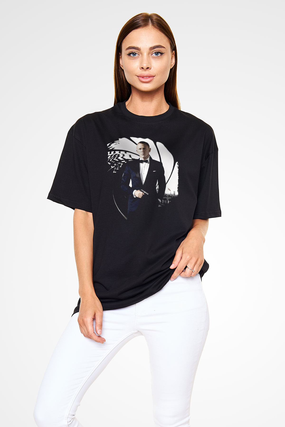 Unisex Skyfall Baskılı Siyah Oversize Tişört