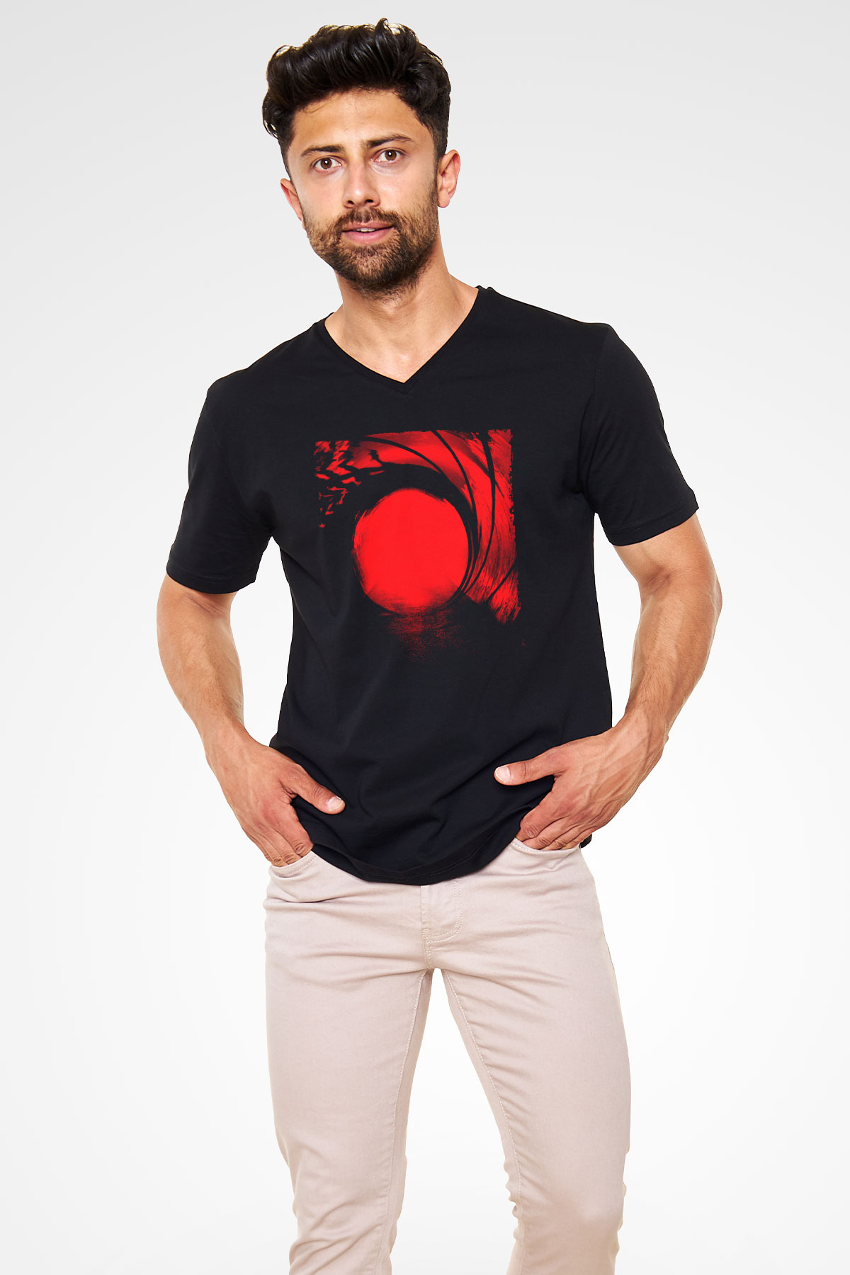 Unisex Skyfall Baskılı Siyah V Yaka T-shirt