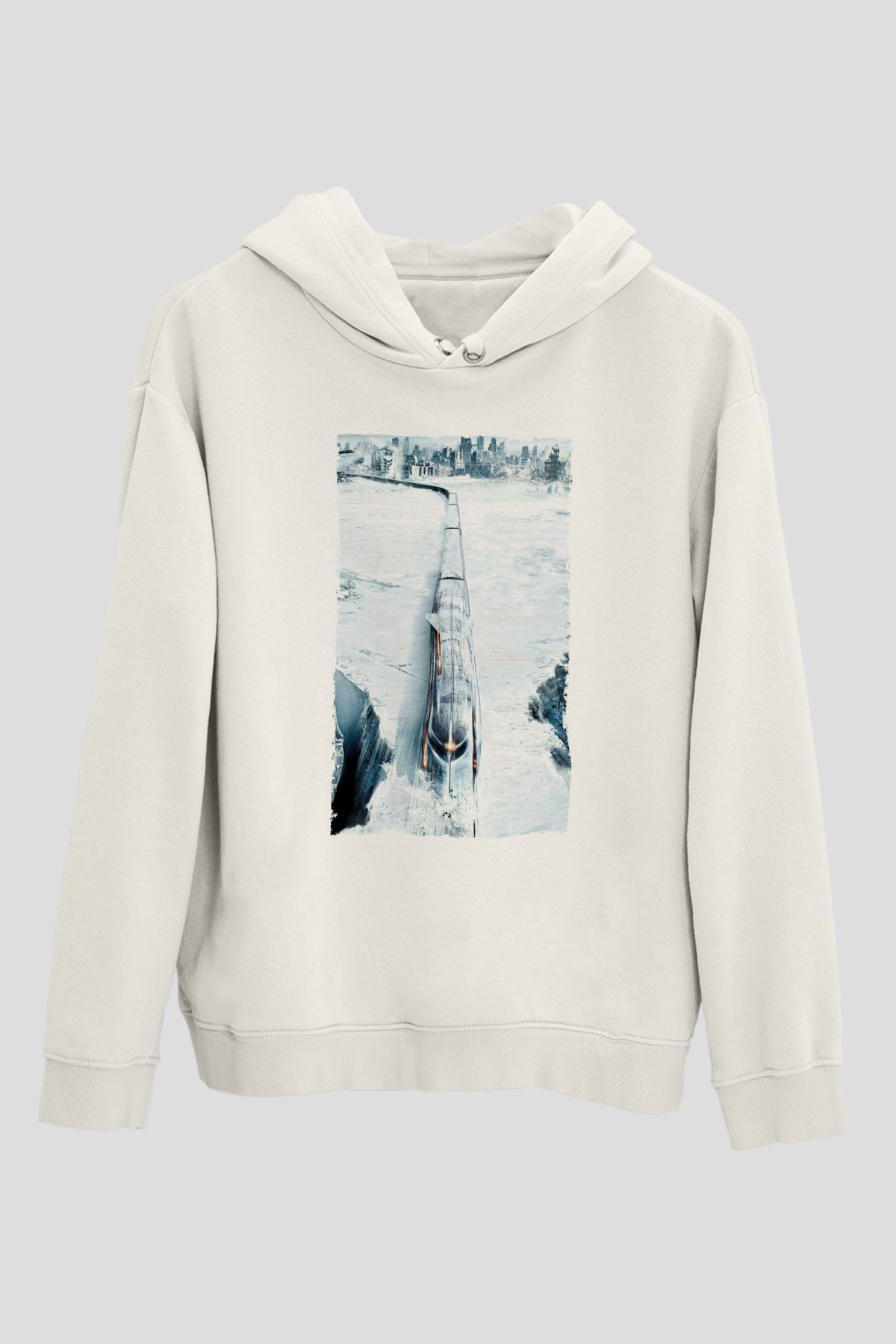 Unisex Snowpiercer Baskılı Beyaz Kapüşonlu Sweatshirt