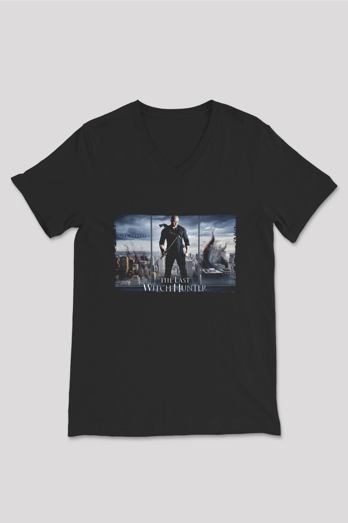 Unisex Son Cadı Avcısı (The Last Witch Hunter) Baskılı Siyah V Yaka Tshirt
