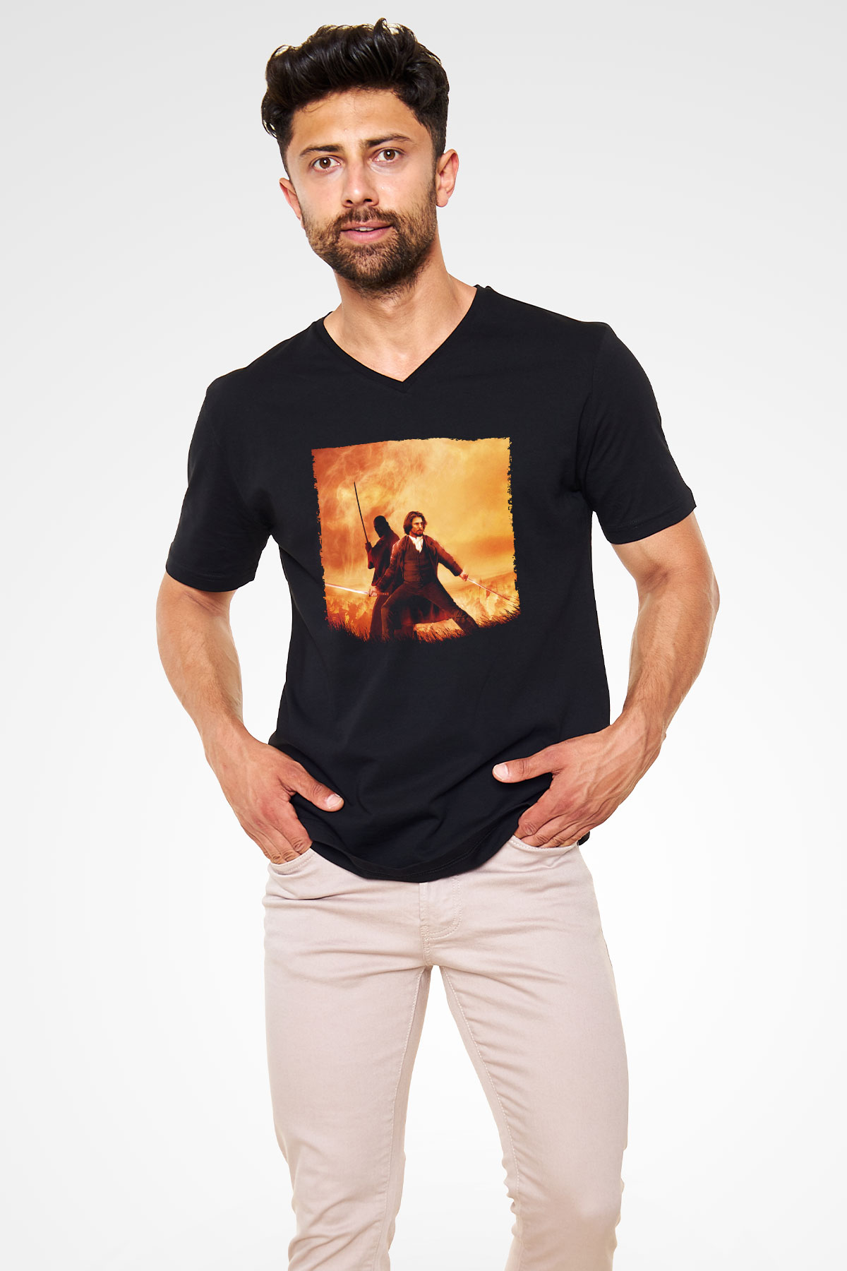 Unisex Son Samuray (The Last Samurai) Baskılı Siyah V Yaka Tshirt