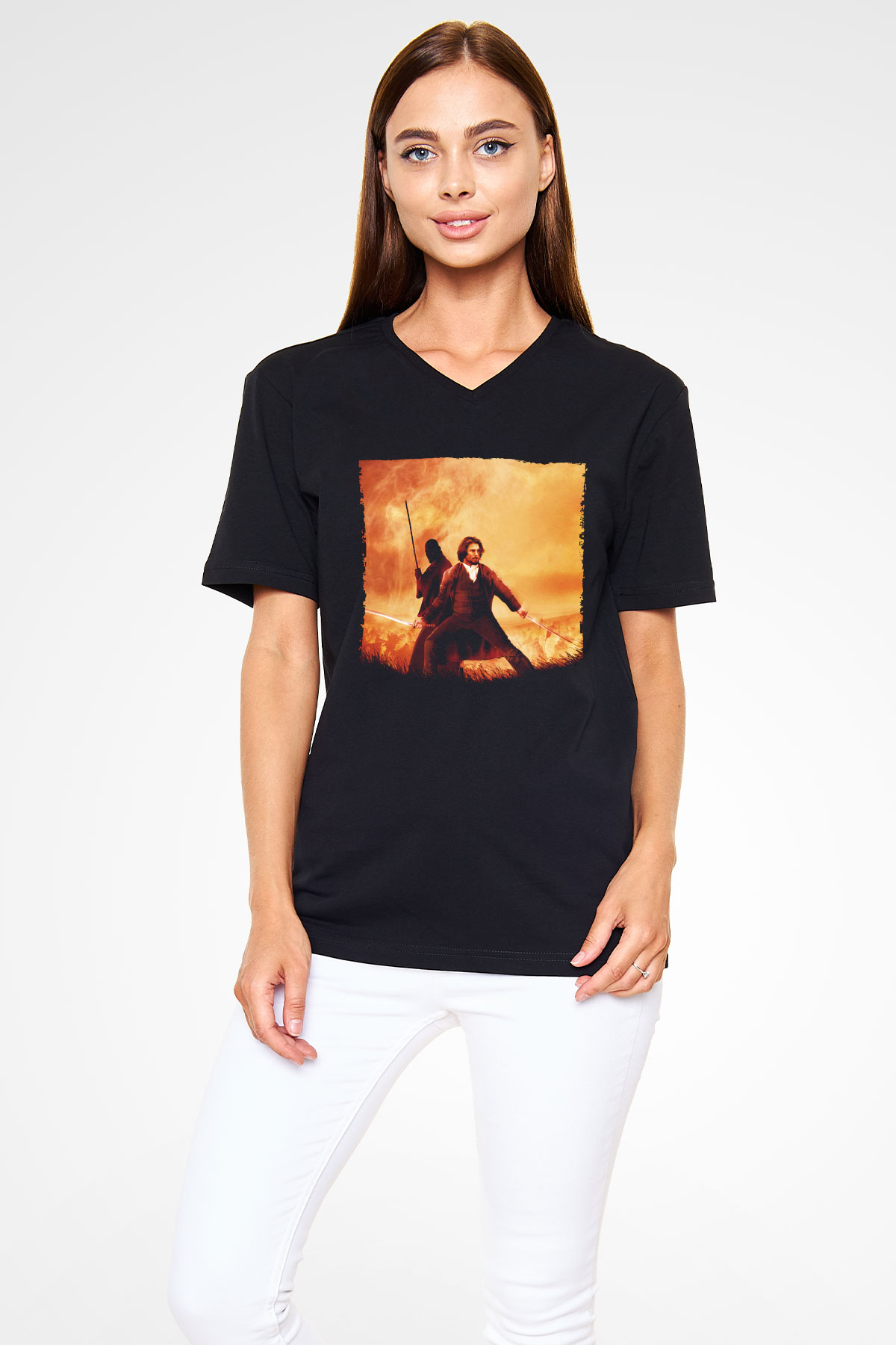 Unisex Son Samuray (The Last Samurai) Baskılı Siyah V Yaka Tshirt