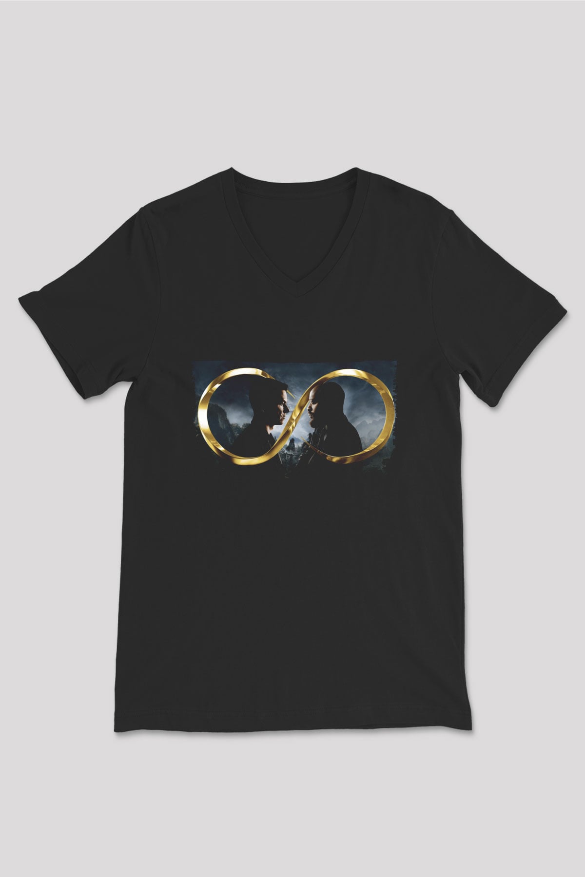 Unisex Sonsuz (Infinite) Baskılı Siyah V Yaka Tişört